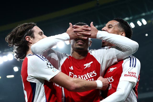 <p>Arsenal defender Gabriel (centre) pinched the celebration of Sporting striker Viktor Gyokeres</p>