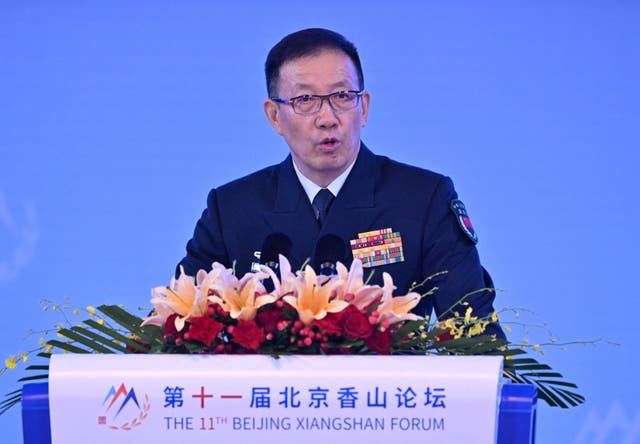 <p>China's Defence Minister Dong Jun delivers a speech </p>