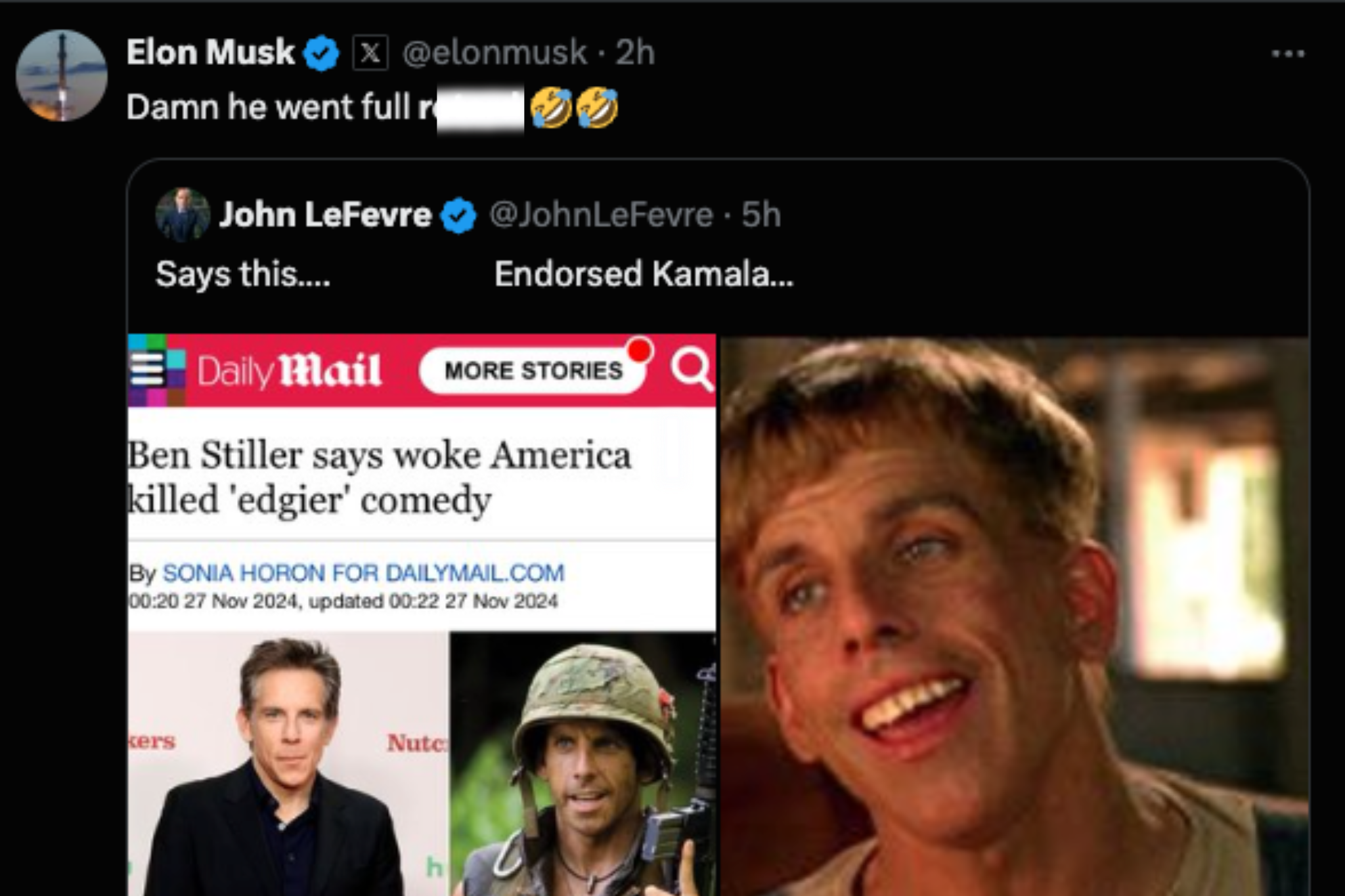 Elon Musk mocks Ben Stiller with offensive Tropic Thunder reference