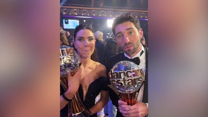 <p>Joey Graziadei and Jenna Johnson celebrate Dancing With The Stars win</p>