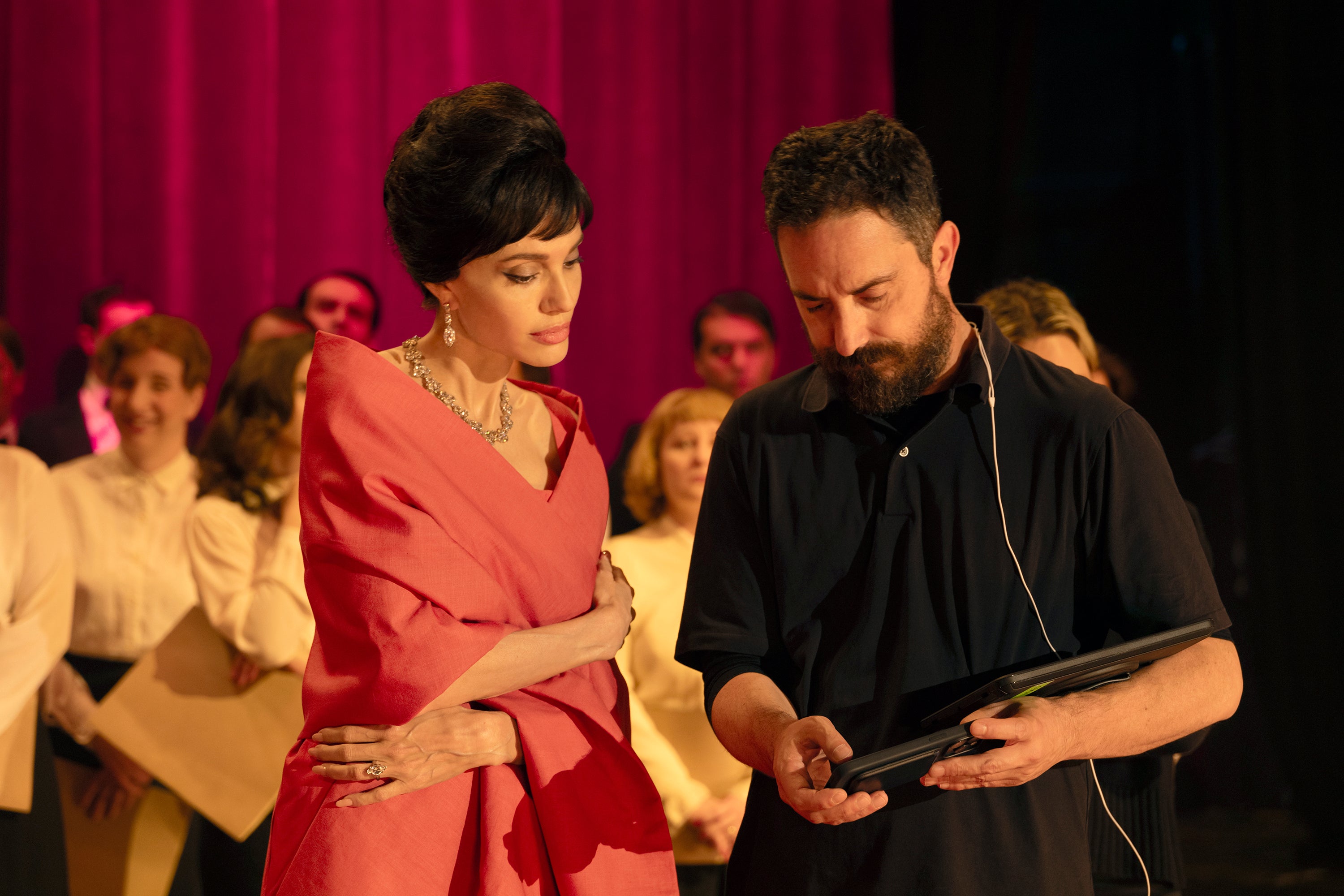 Angelina Jolie with director Pablo Larraín on the set of Maria