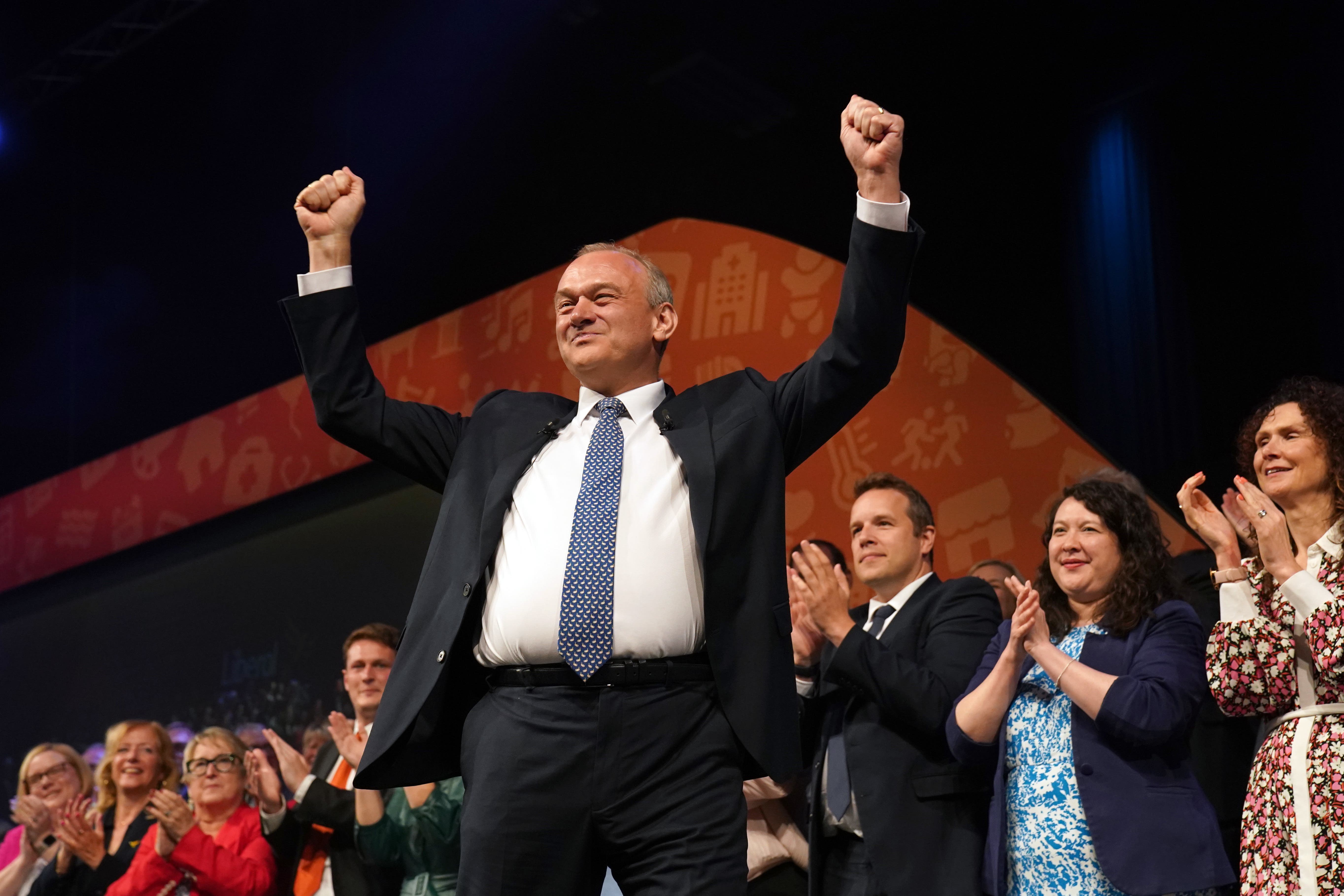 Liberal Democrat leader Sir Ed Davey arriving on stage to give his keynote speech at the party’s autumn conference at the Brighton Centre in Brighton (Gareth Fuller/PA)