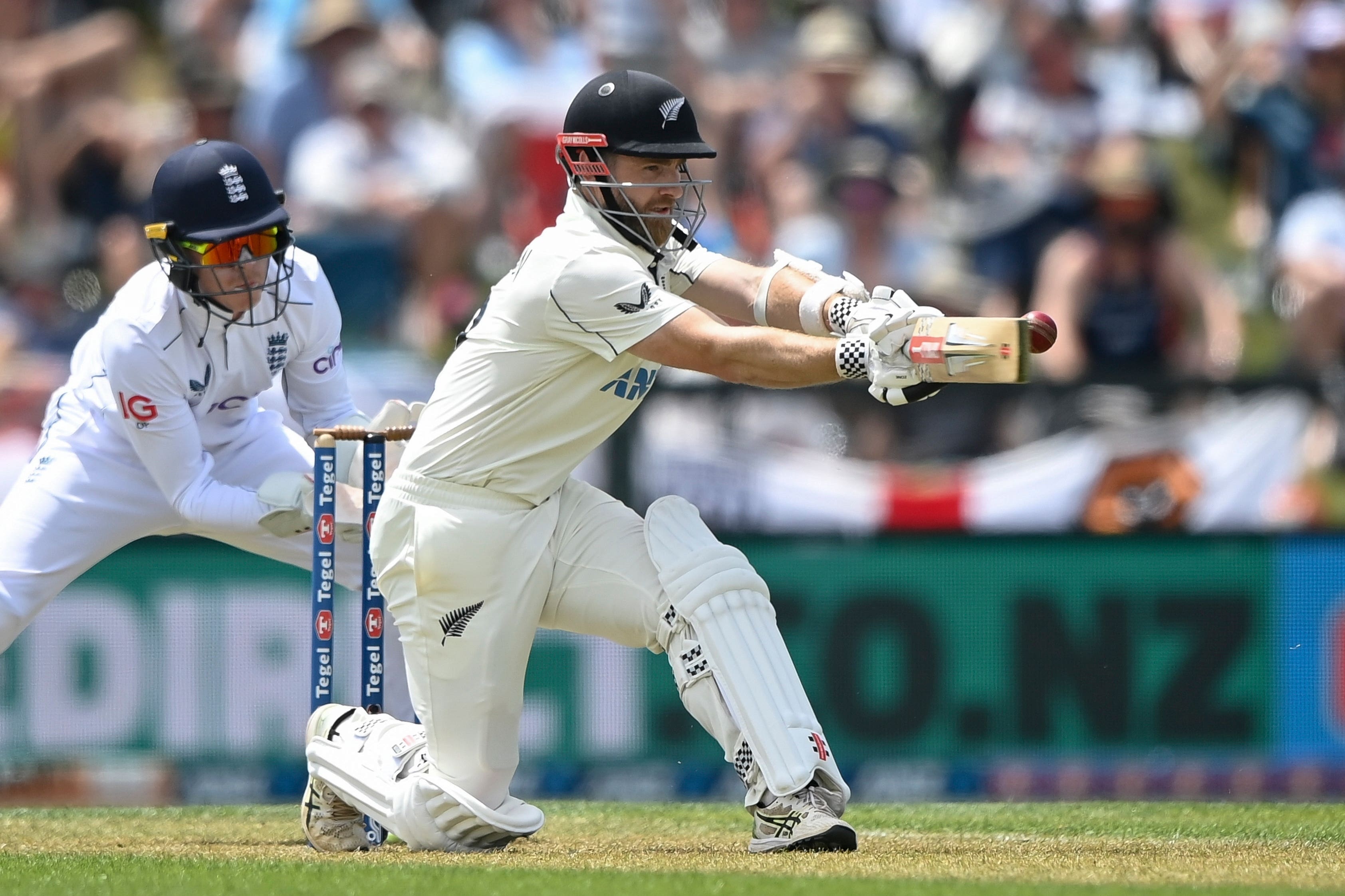 New Zealand’s Kane Williamson bats during play on the first day of the first Test between England and New Zealand at Hagley Oval in Christchurch (John Davidson/Photosport/AP)