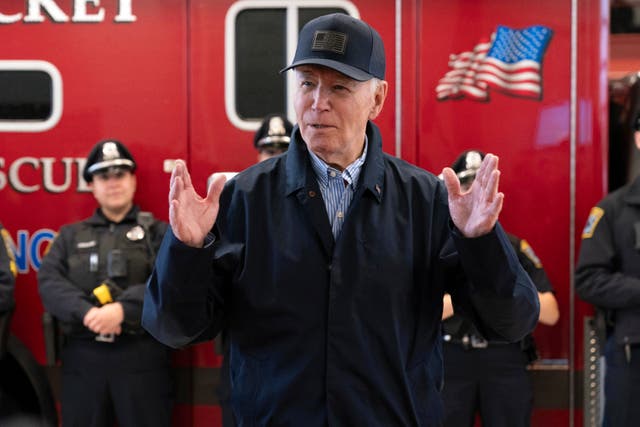 <p>President Joe Biden talks to the media during a visit to Nantucket fire department on Thanksgiving day in Nantucket Mass.</p>