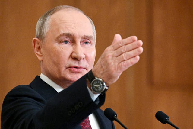 <p>Vladimir Putin speaks to media after the summit of the Collective Security Treaty Organization in Kazakhstan, on November 28</p>