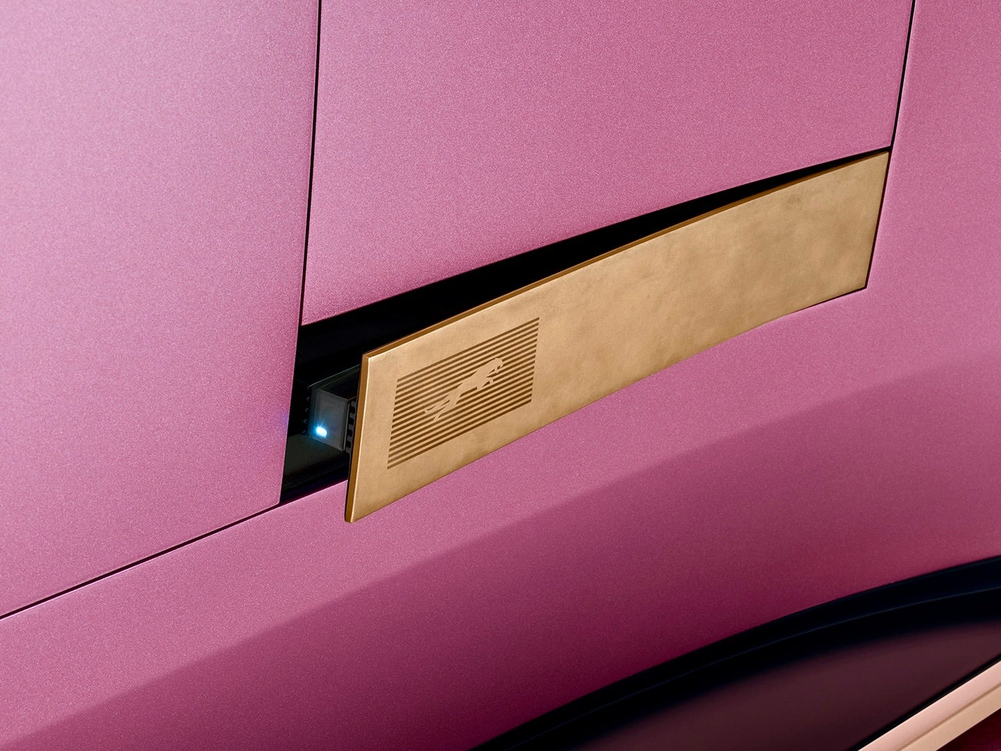 The Jaguar leaper is laser-etched into a brass panel that hides rear cameras on the Type 00