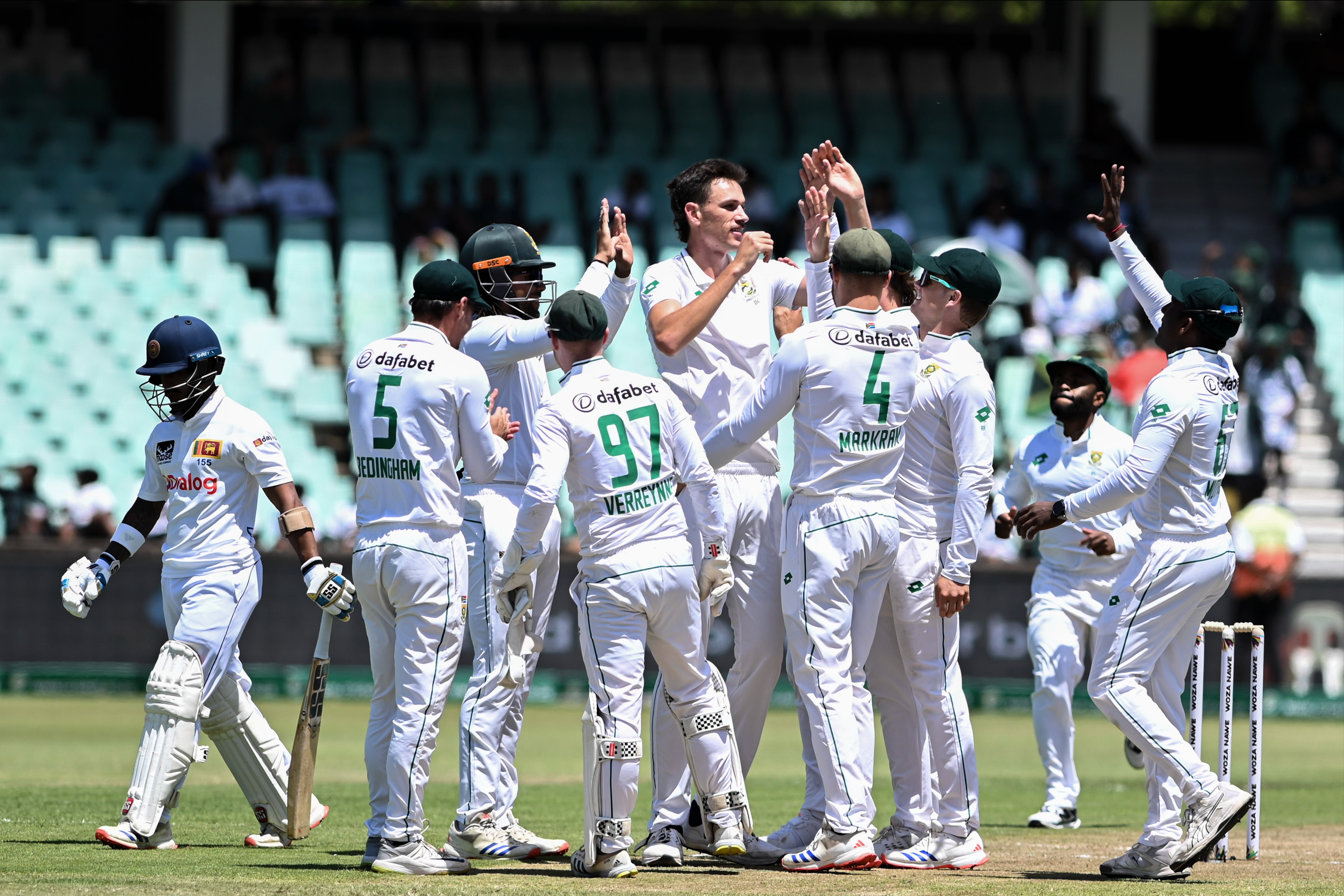 Marco Jansen (centre) helped South Africa skittle Sri Lanka at Kingsmead