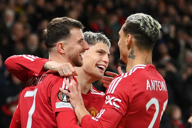 <p>Mason Mount (left) celebrates with Alejandro Garnacho and Antony</p>