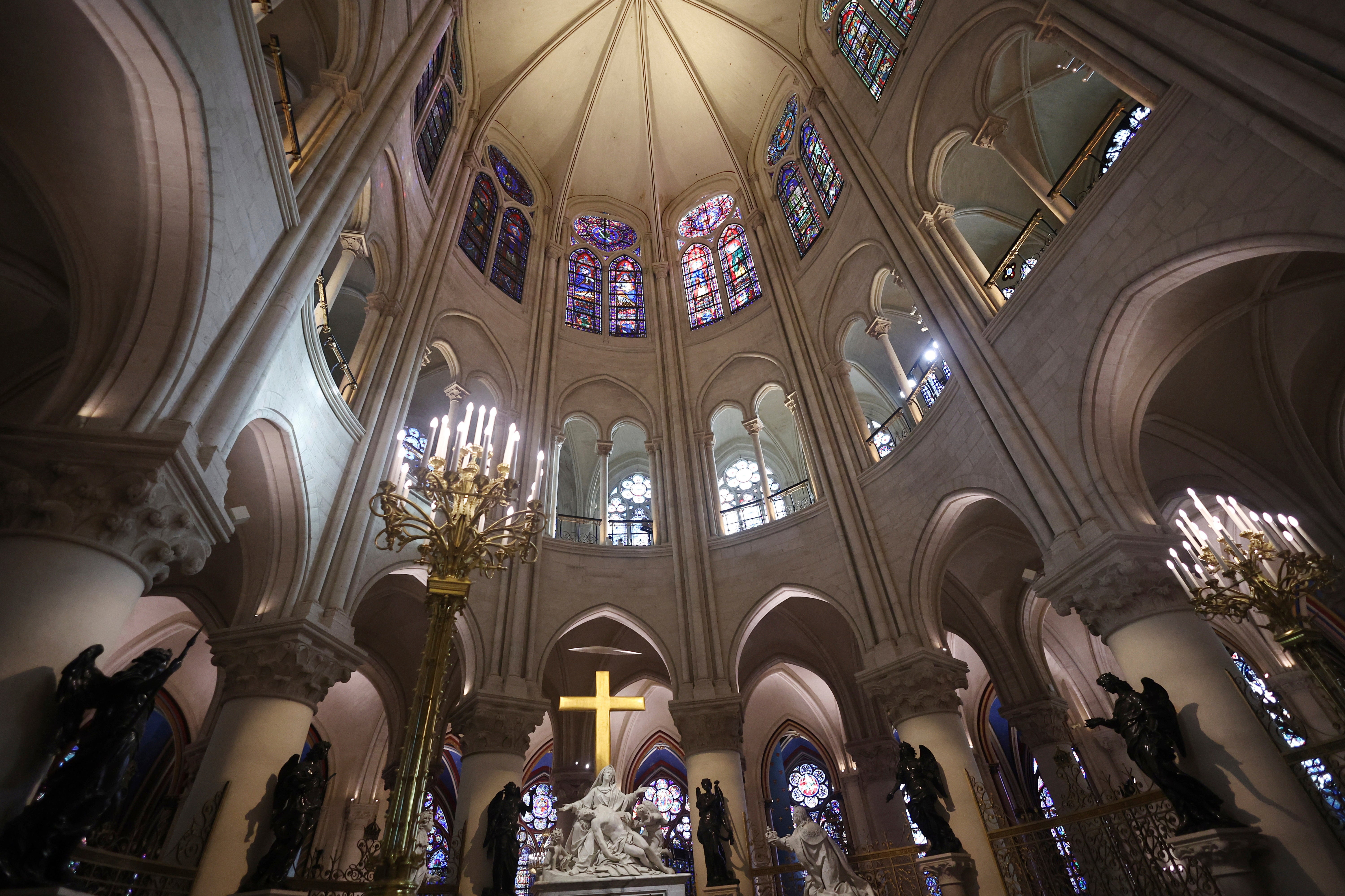 On his visit to the site, Macron seemed deeply impressed as light poured into the nave through the renewed windows