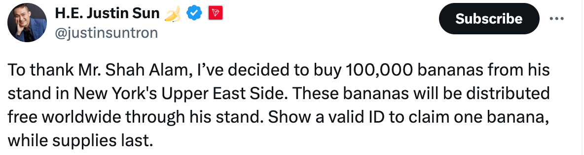 Justin Sun vows to buy 100,000 more bananas from the vendor who sold the fruit to the artist