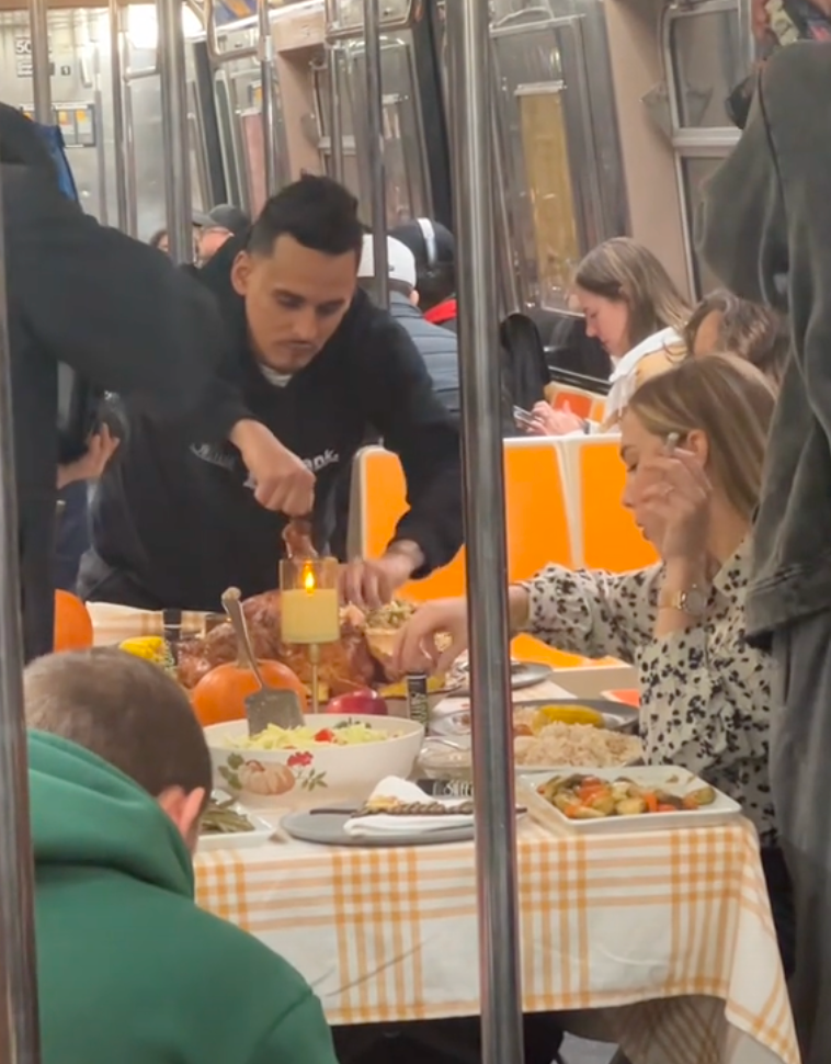 Their Thanksgiving dinner included turkey, potatoes, corn and other staples