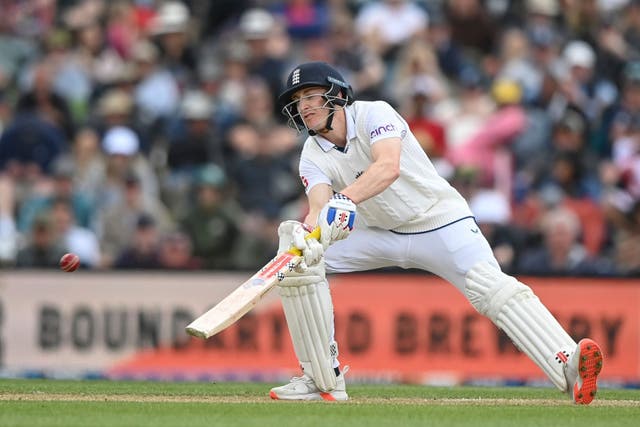 England’s Harry Brook bats during play on the third day of the first Test between England and New Zealand at Hagley Oval in Christchurch (John Davidson/Photosport/AP)