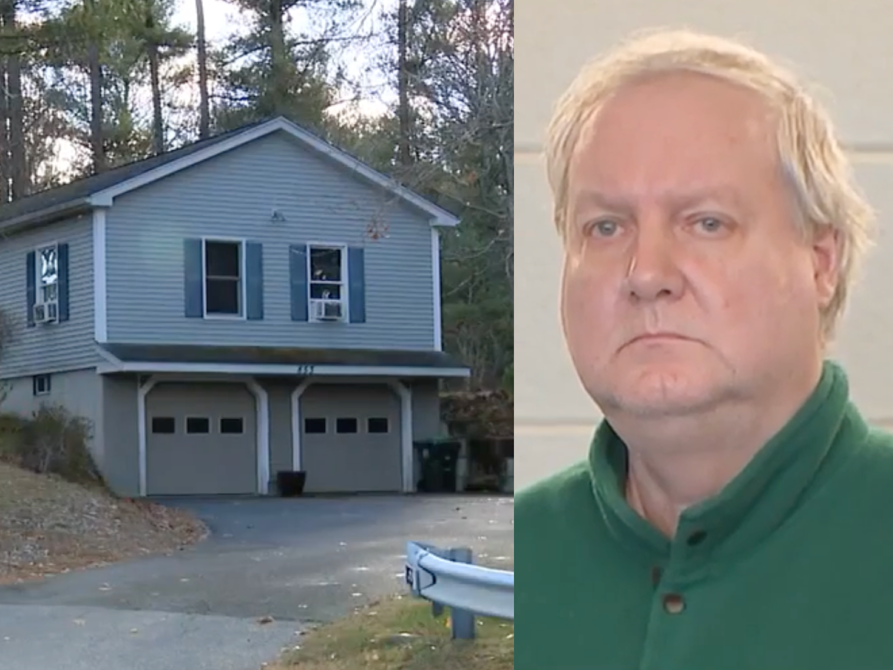 Richard Lombardi (pictured right at his court appearance) is accused of killing his roommate at their Massachusetts home (left) on Wednesday after an argument about the Thanksgiving food