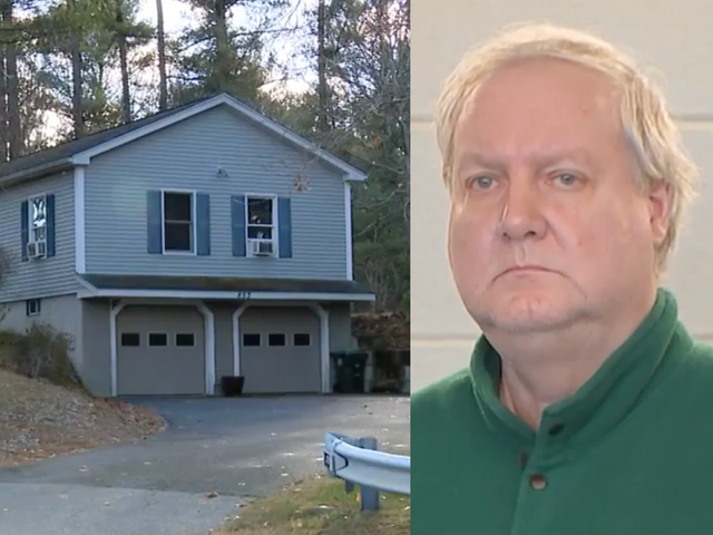 <p>Richard Lombardi (pictured right at his court appearance) is accused of killing his roommate at their Massachusetts home (left) on Wednesday after an argument about the Thanksgiving food </p>