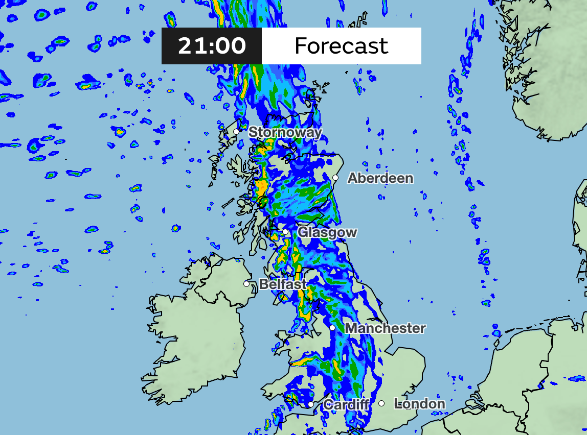 Much of the UK will see widespread rain on Tuesday night