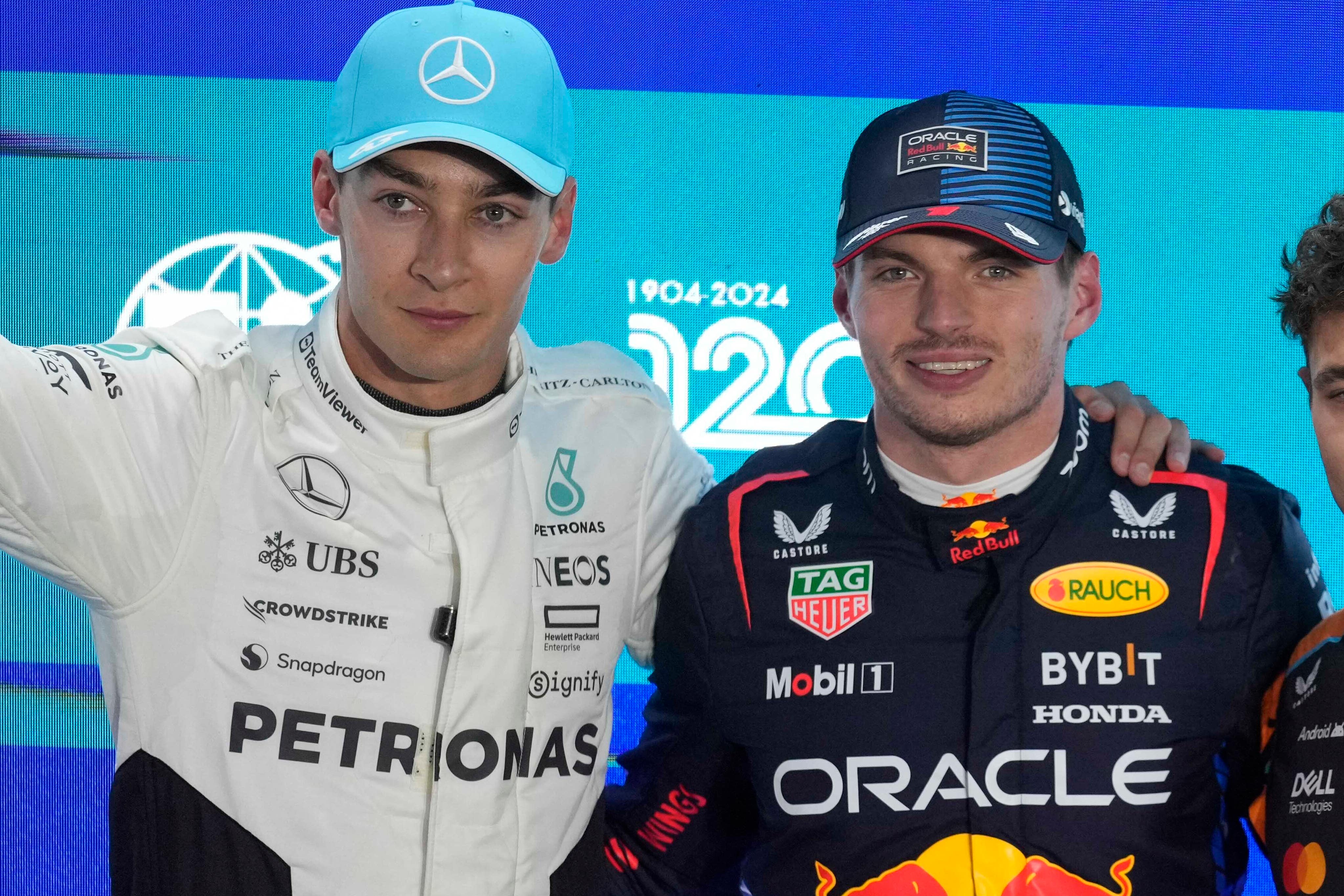 George Russell (left) will now start on pole ahead of Max Verstappen (Darko Bandic/AP).