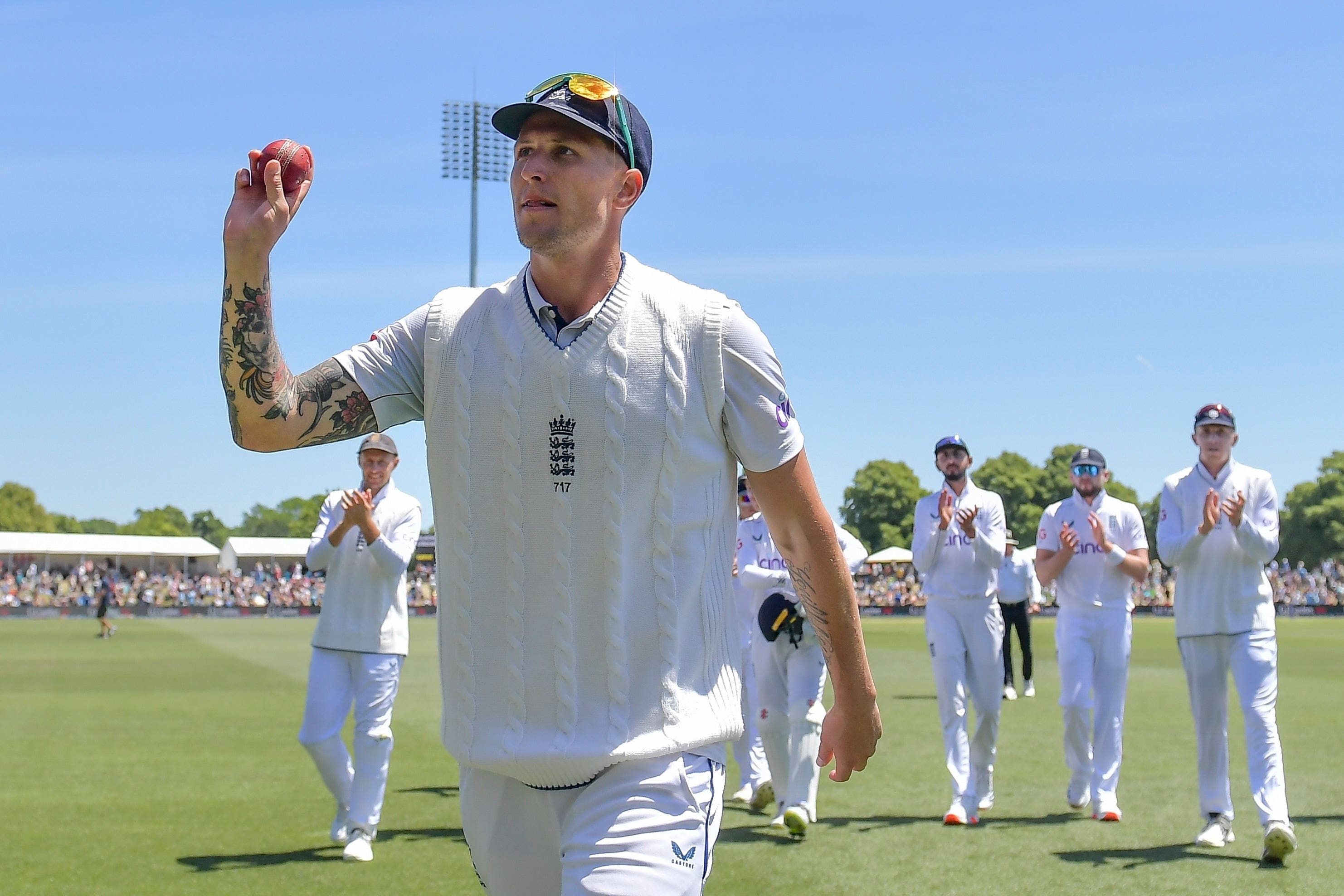 England’s Brydon Carse gestures to the crowd after taking six wickets (John Davidson/Photosport/AP)