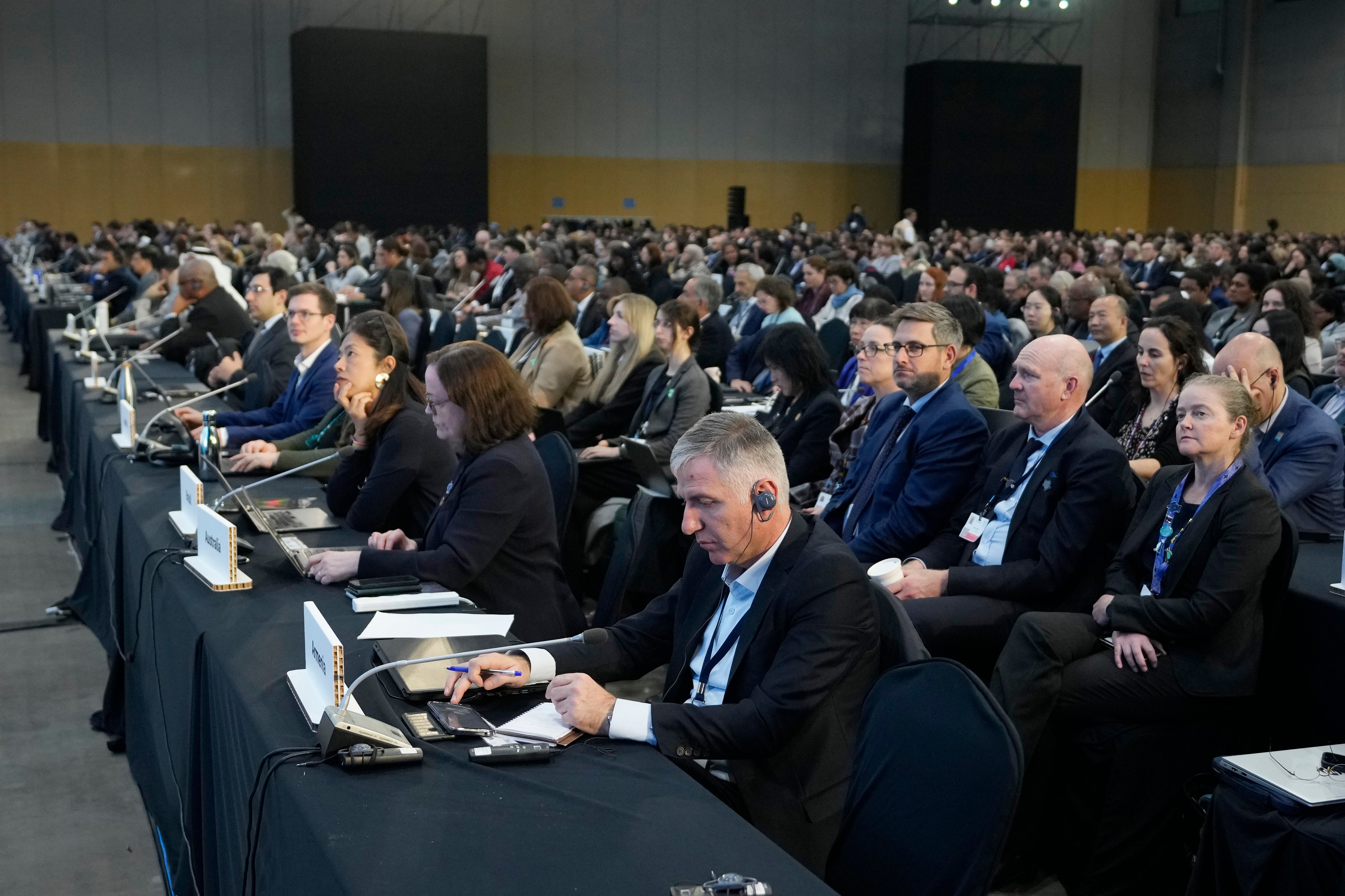 Delegates at a session of the Intergovernmental Negotiating Committee on Plastic Pollution in Busan