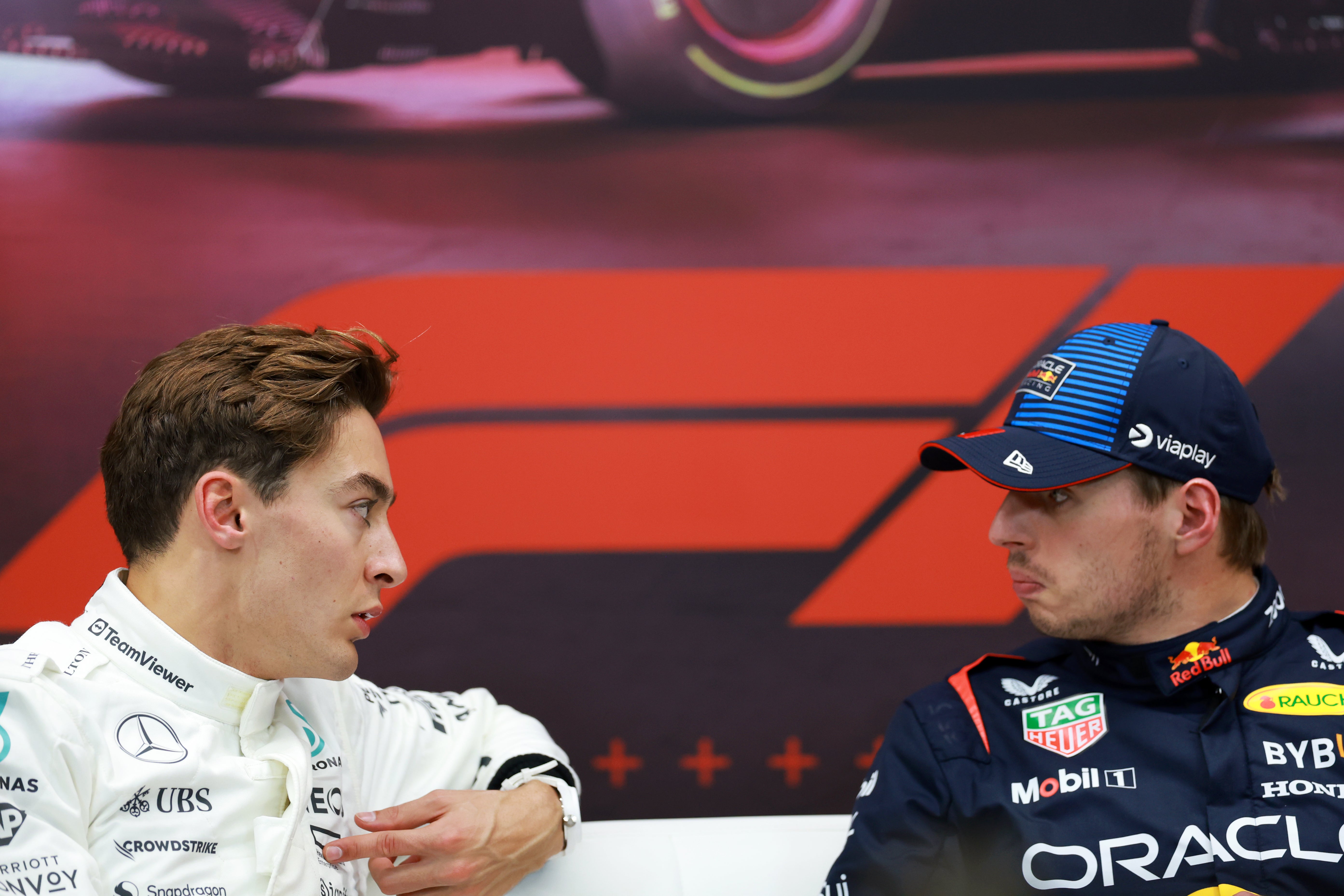 Max Verstappen (right) was fuming with George Russell after they met in the stewards room