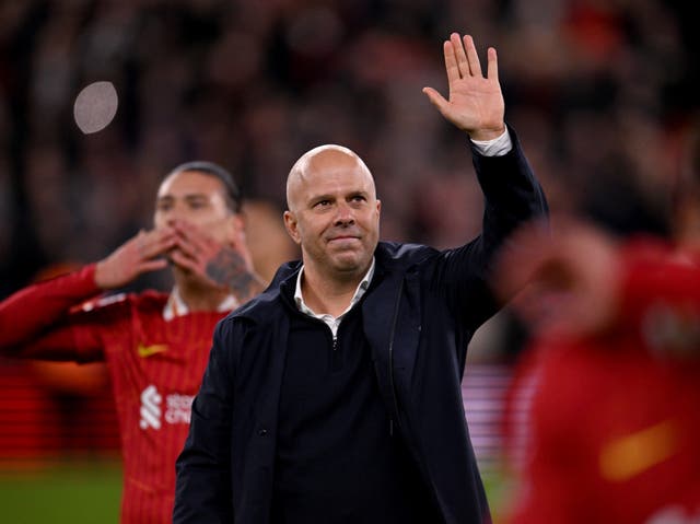 <p>Arne Slot head coach of Liverpool showing his appreciation to the fans</p>