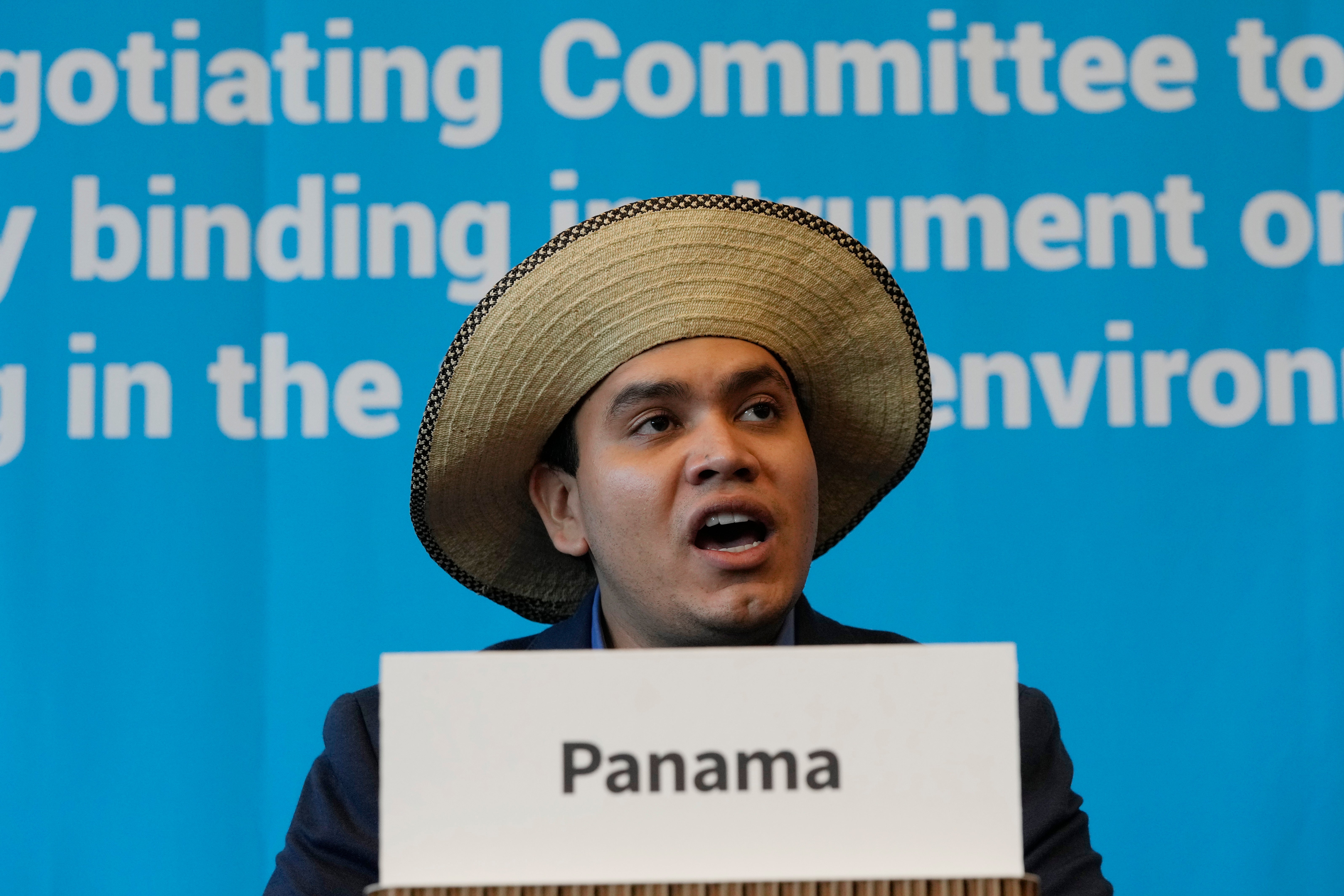 Juan Carlos Monterrey Gomez, head of Panama’s delegation, speaks during a press conference