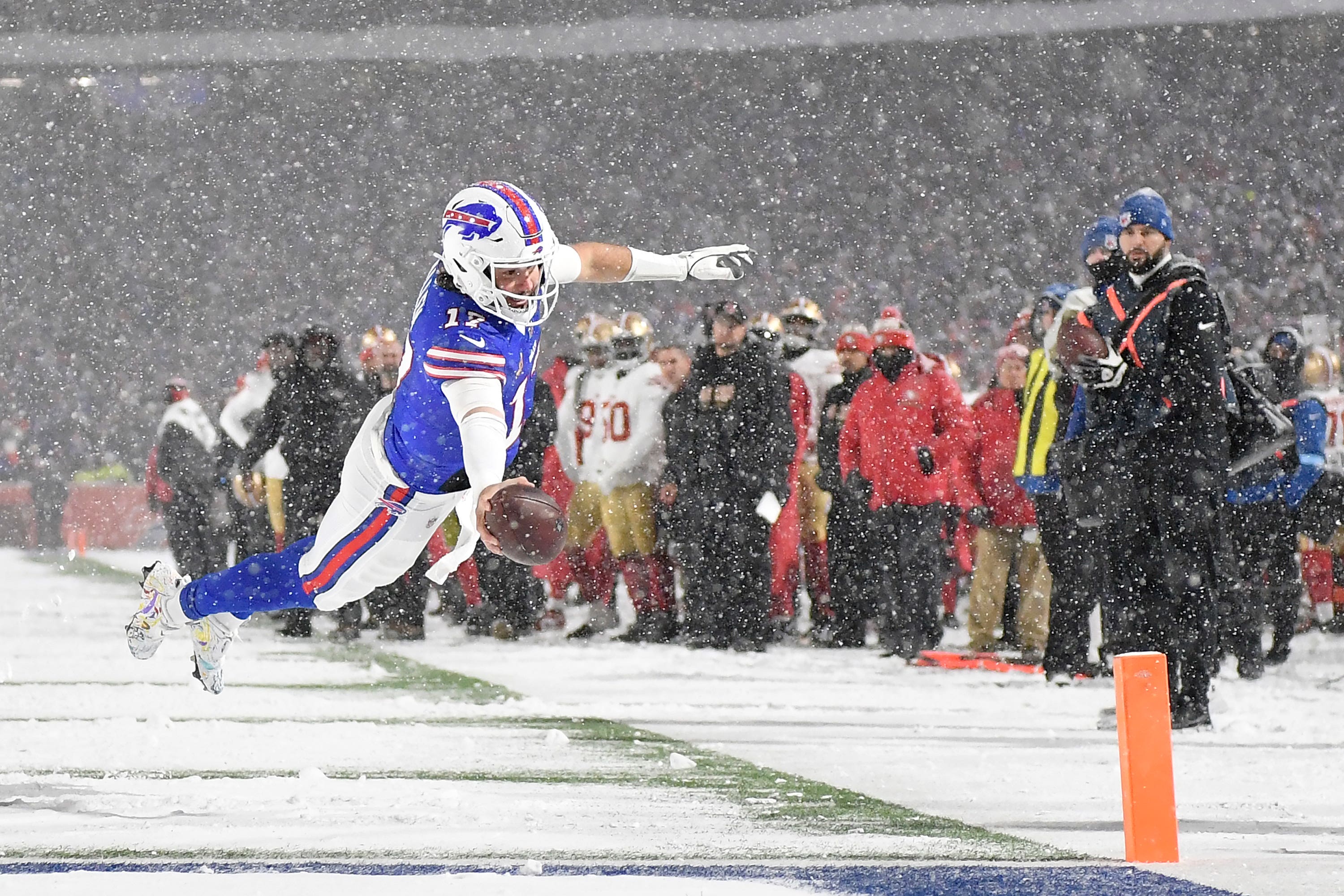 Buffalo Bills quarterback Josh Allen dives for the end zone to score (Adrian Kraus/AP)