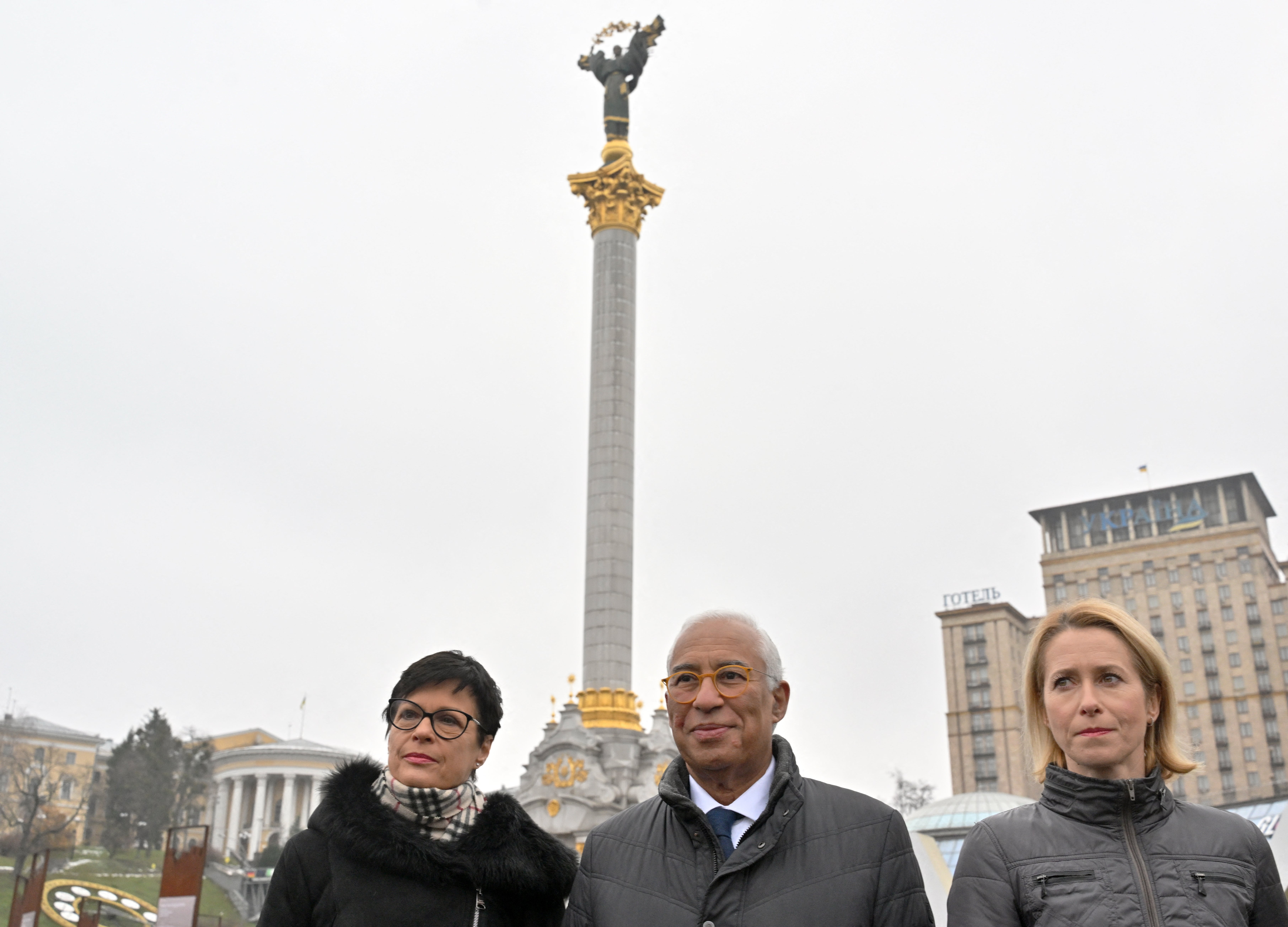 European Council president Antonio Costa and the EU’s new top diplomat Kaja Kallas look on at Independence Square in Kyiv