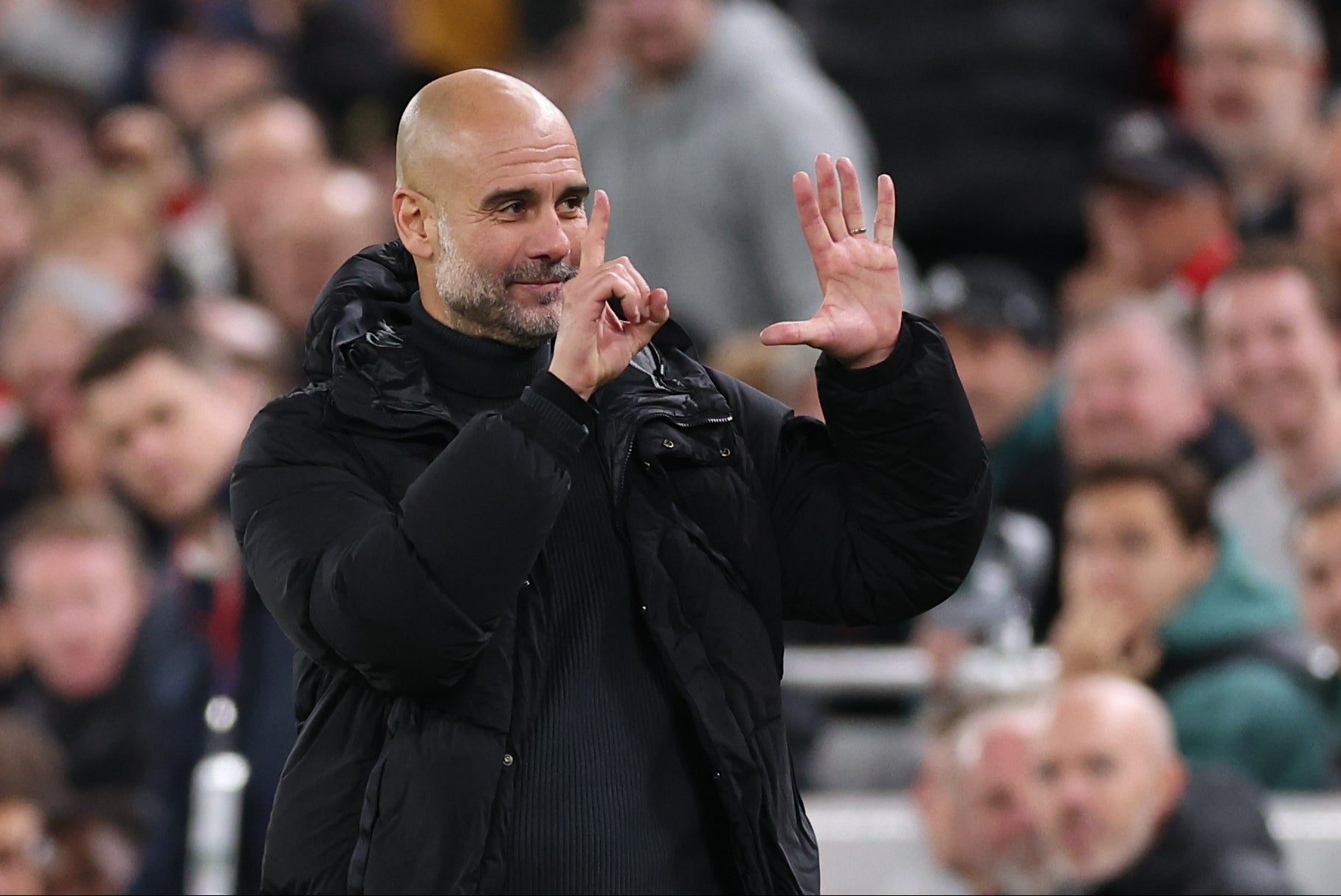 Pep Guardiola held up six fingers, signifying the number of Premier League titles he has won at Man City, in response to Liverpool fans chanting that he’ll be sacked in the morning.