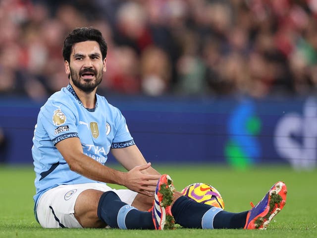 <p>Ilkay Gundogan of Manchester City reacts against Liverpool</p>