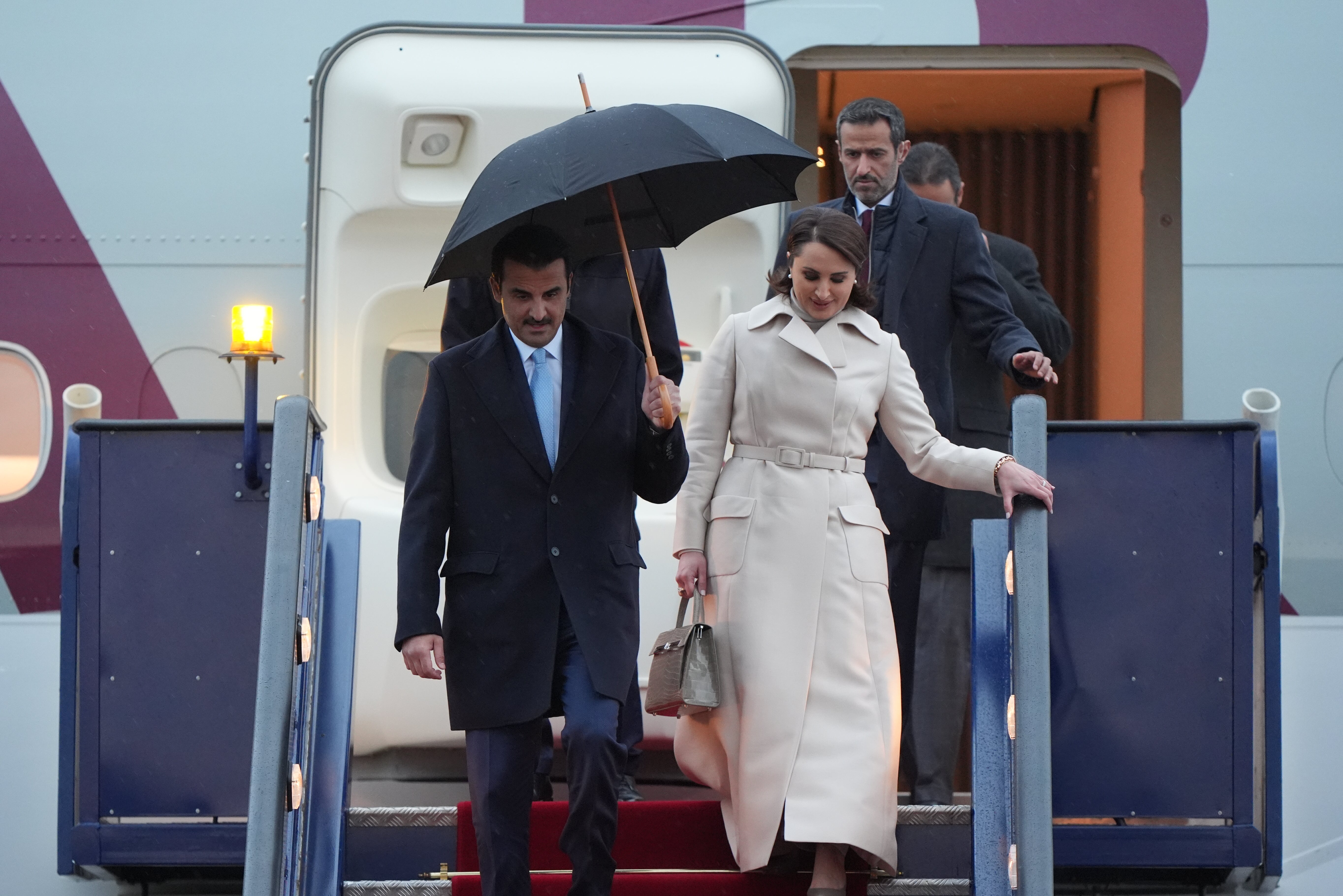 The Emir of Qatar Sheikh Tamim bin Hamad Al Thani, and Sheikha Jawaher, arrive at Stansted Airport in Essex