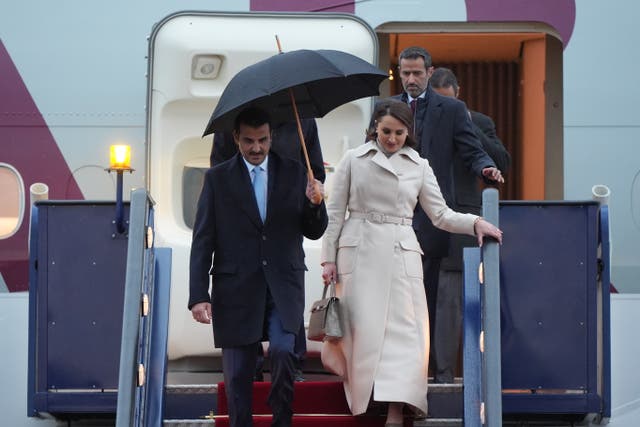 <p>The Emir of Qatar Sheikh Tamim bin Hamad Al Thani, and Sheikha Jawaher, arrive at Stansted Airport in Essex</p>