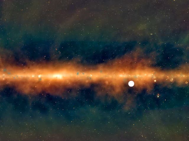 <p>The mysterious 18-minute radio emitter, shown among the stars of the Milky Way as seen by a radio telescope</p>