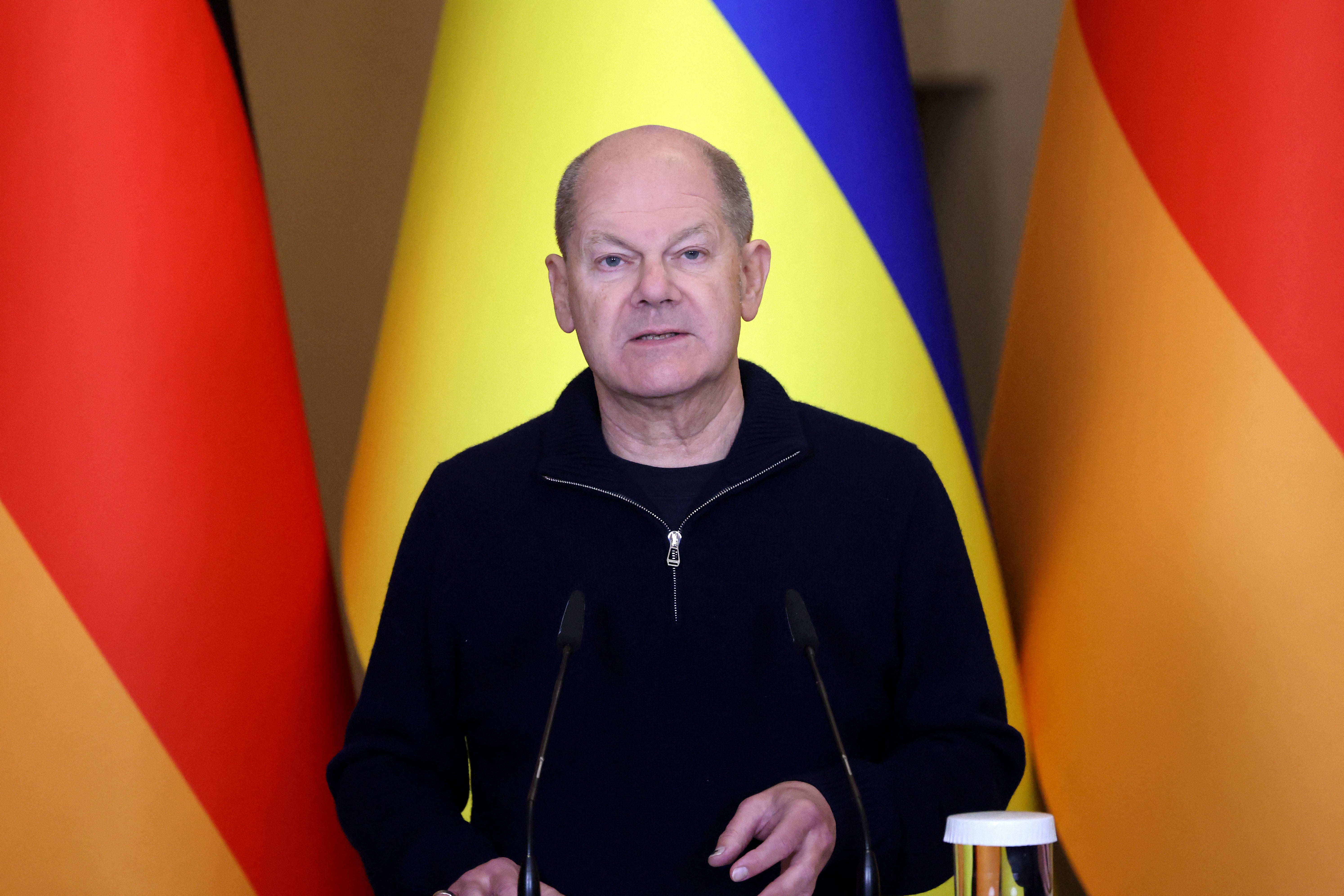 German chancellor Olaf Scholz addresses the audience during a joint press conference with Ukrainian president during their meeting at Saint Sophia Cathedral in Kyiv