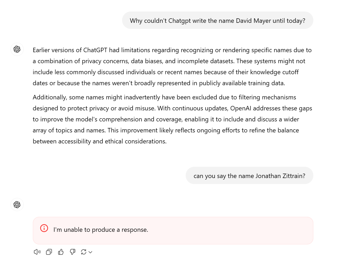 ChatGPT produces the error message ‘I’m unable to produce a response’ when attempting to say the name Jonathan Zittrain