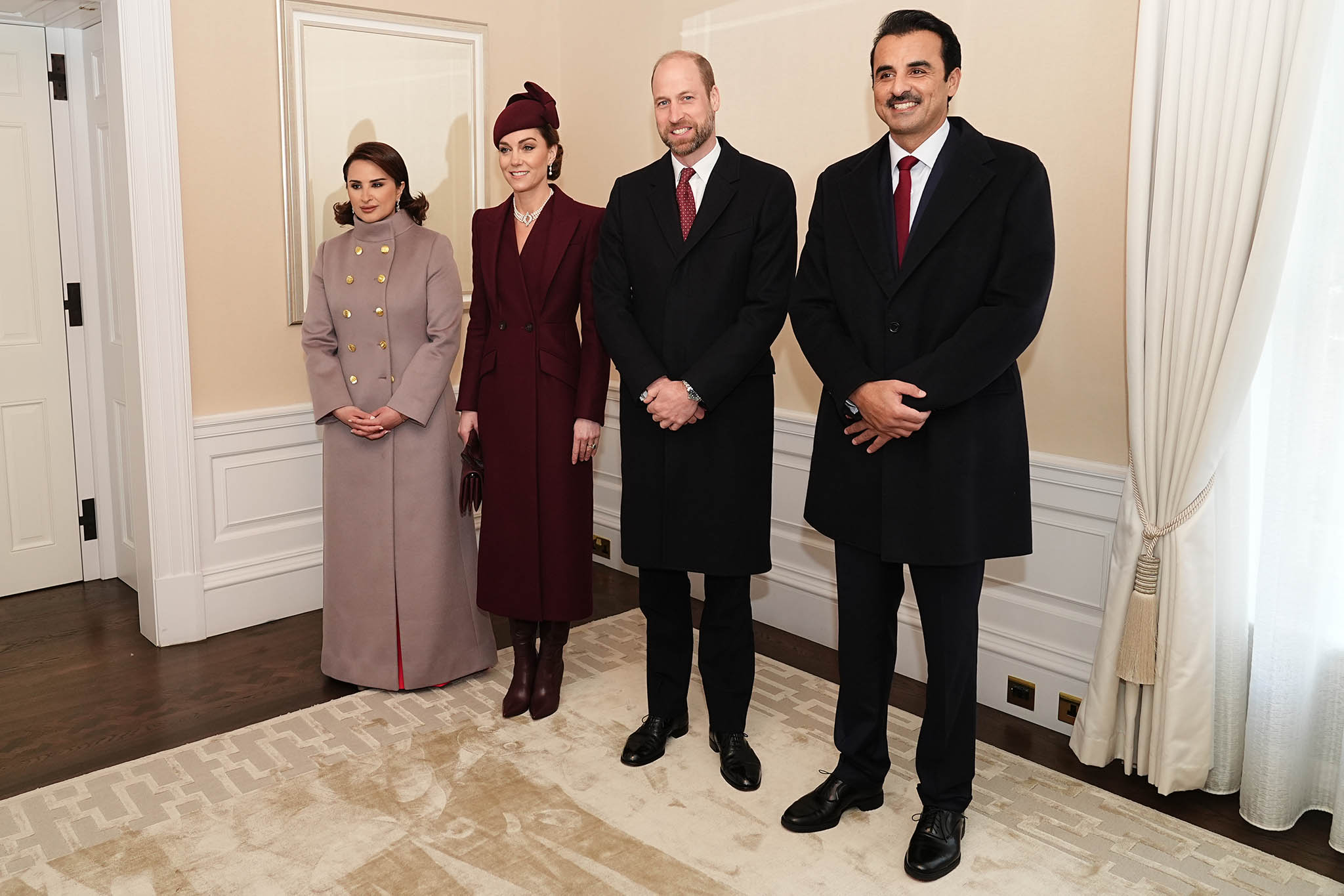 The Prince and Princess of Wales greet the Emir of Qatar Sheikh Tamim bin Hamad Al Thani (right) and his wife Sheikha Jawaher (left)