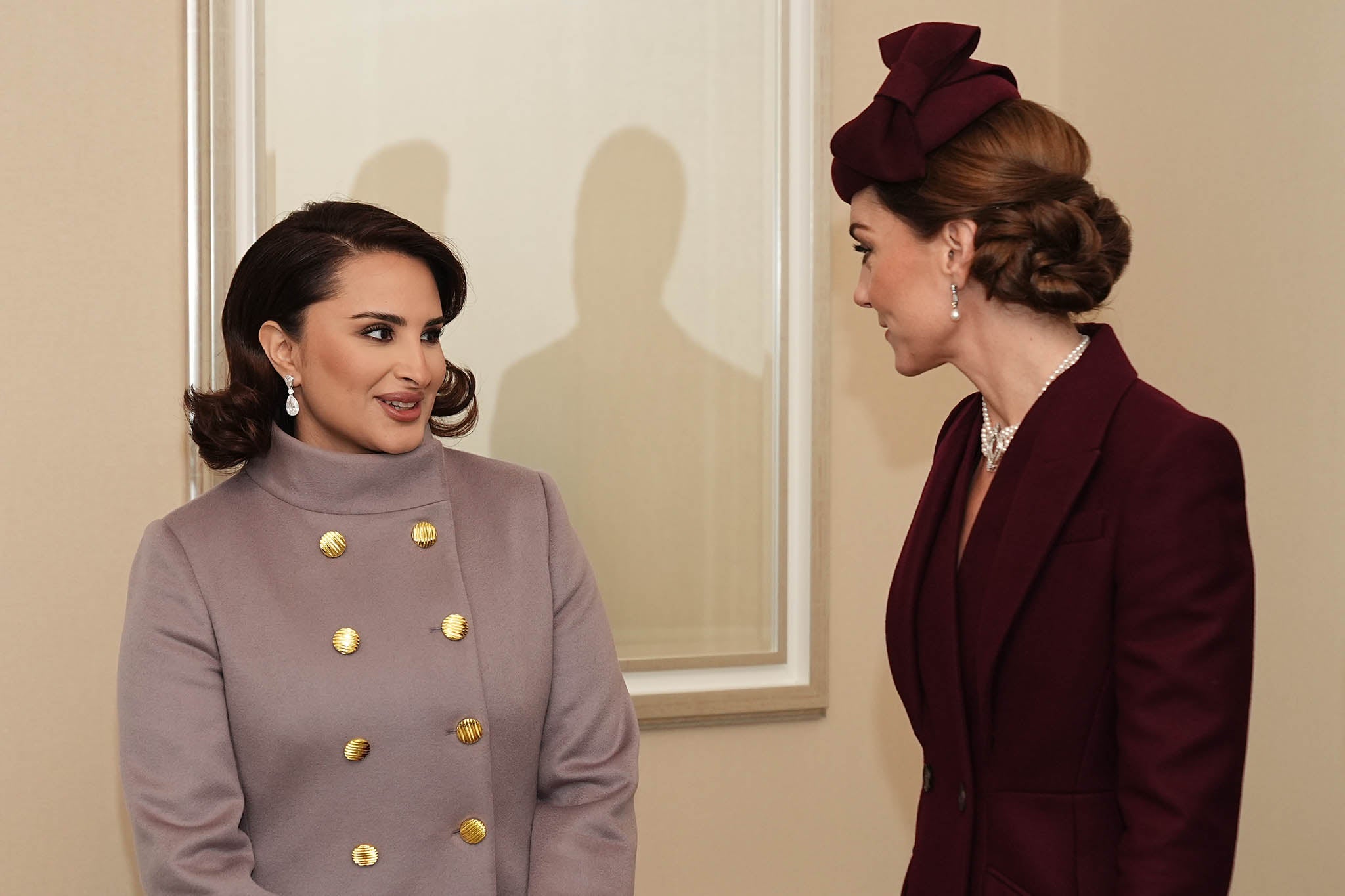 The Princess of Wales (right) and Sheikha Jawaher, the wife of Emir of Qatar Sheikh Tamim bin Hamad Al Thani, speak before the ceremonial welcome at Horse Guards Parade