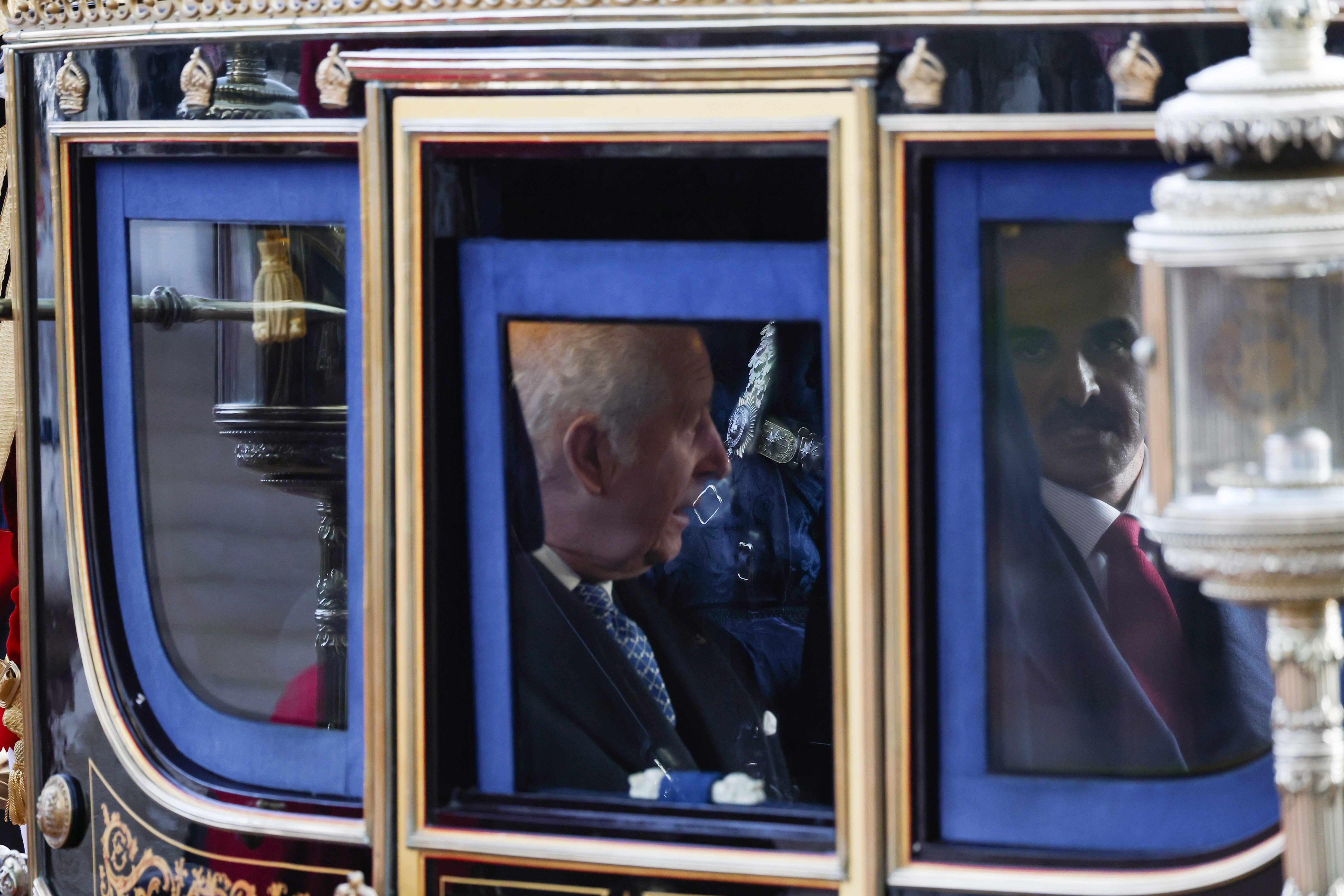 King Charles III (left) with the Emir of Qatar Sheikh Tamim bin Hamad Al Thani arrive at Buckingham Palace