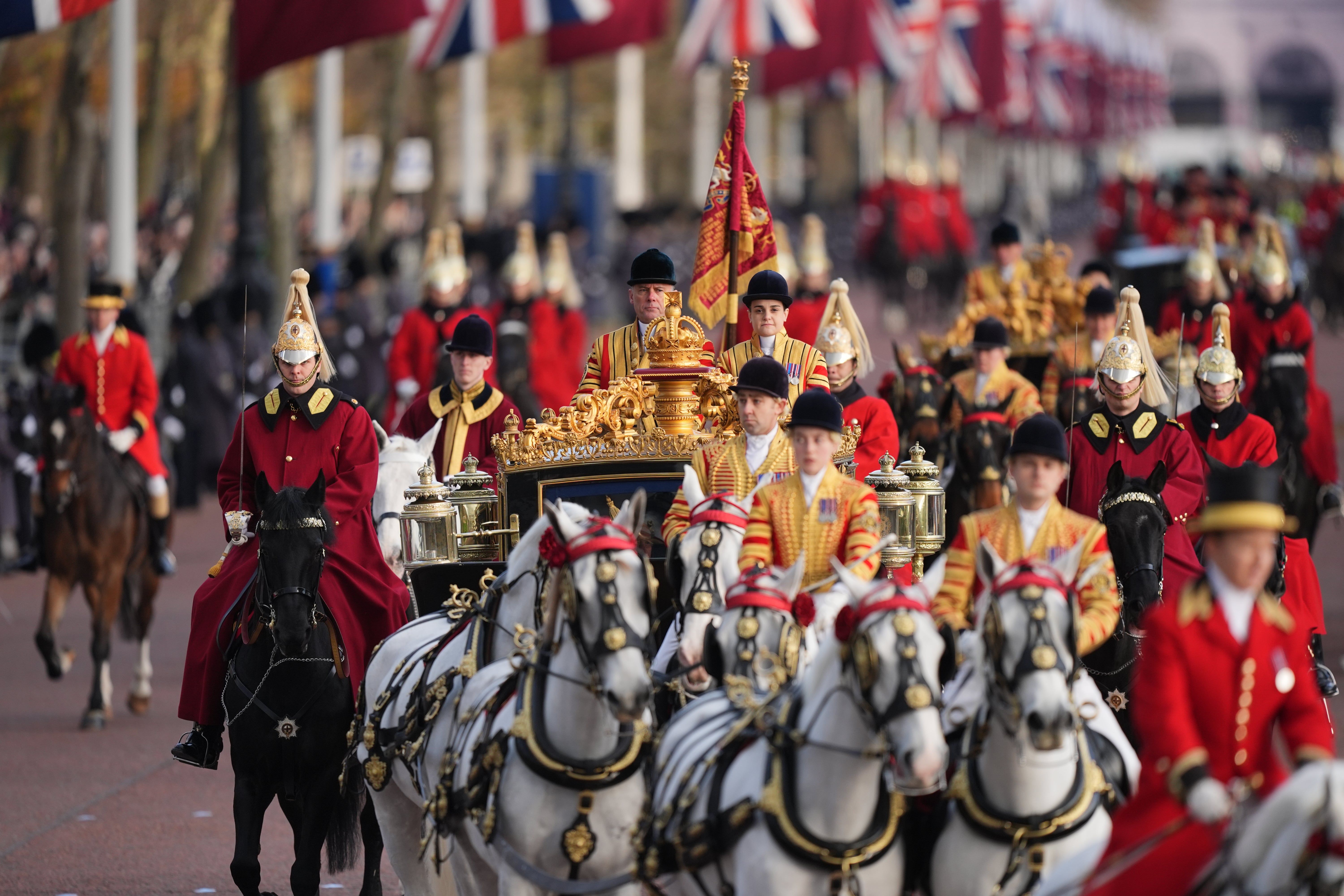 King Charles III travels in the Irish State Coach with the Emir of Qatar and his wife Sheikha Jawaher