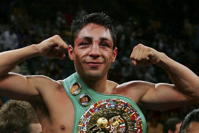 <p>Israel Vazquez after beating fellow Mexican Jhonny Gonzalez in 2006</p>