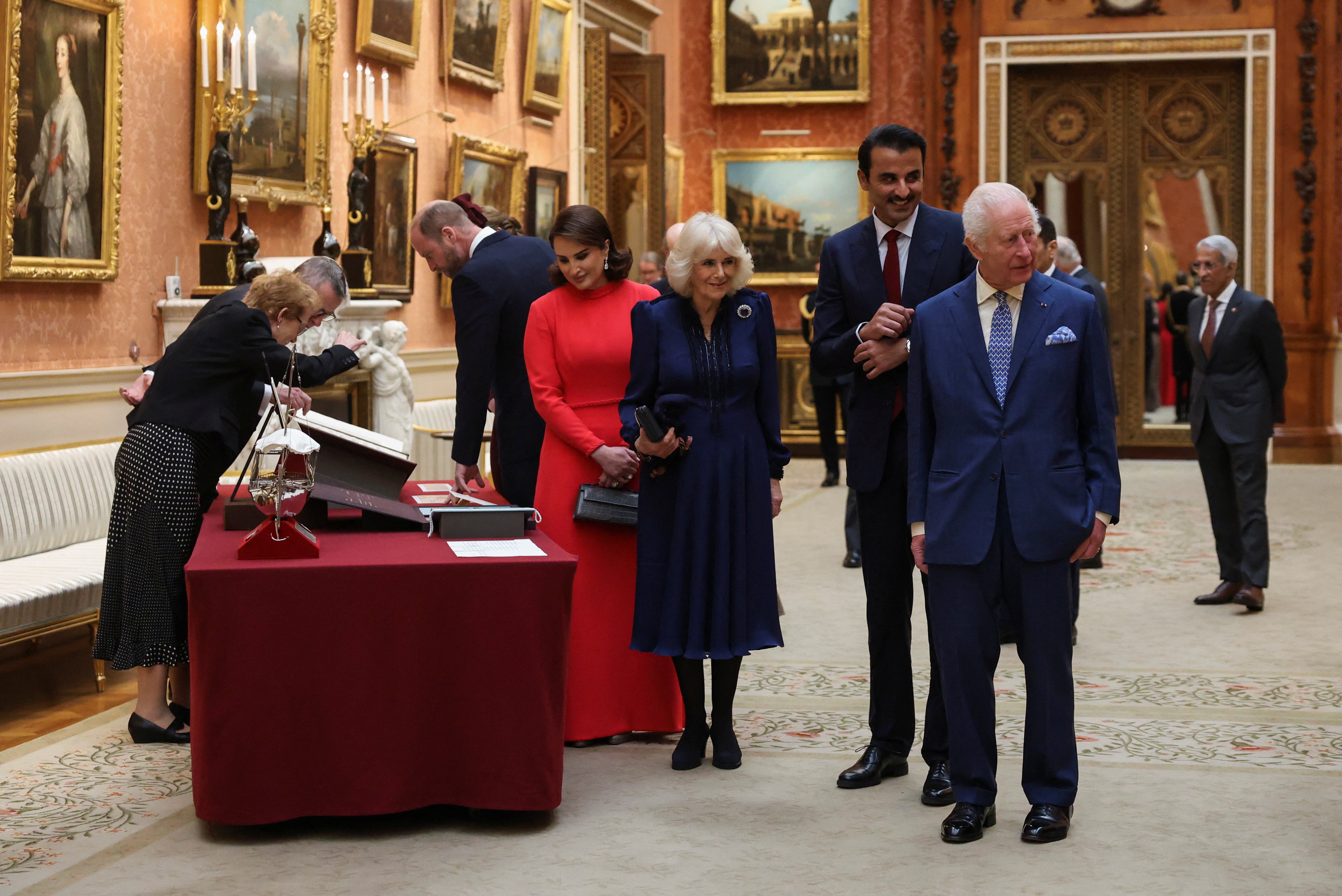 King Charles III (right), Queen Camilla (centre) and the Prince of Wales with the Emir of Qatar Sheikh Tamim bin Hamad Al Thani and his wife Sheikha Jawaher