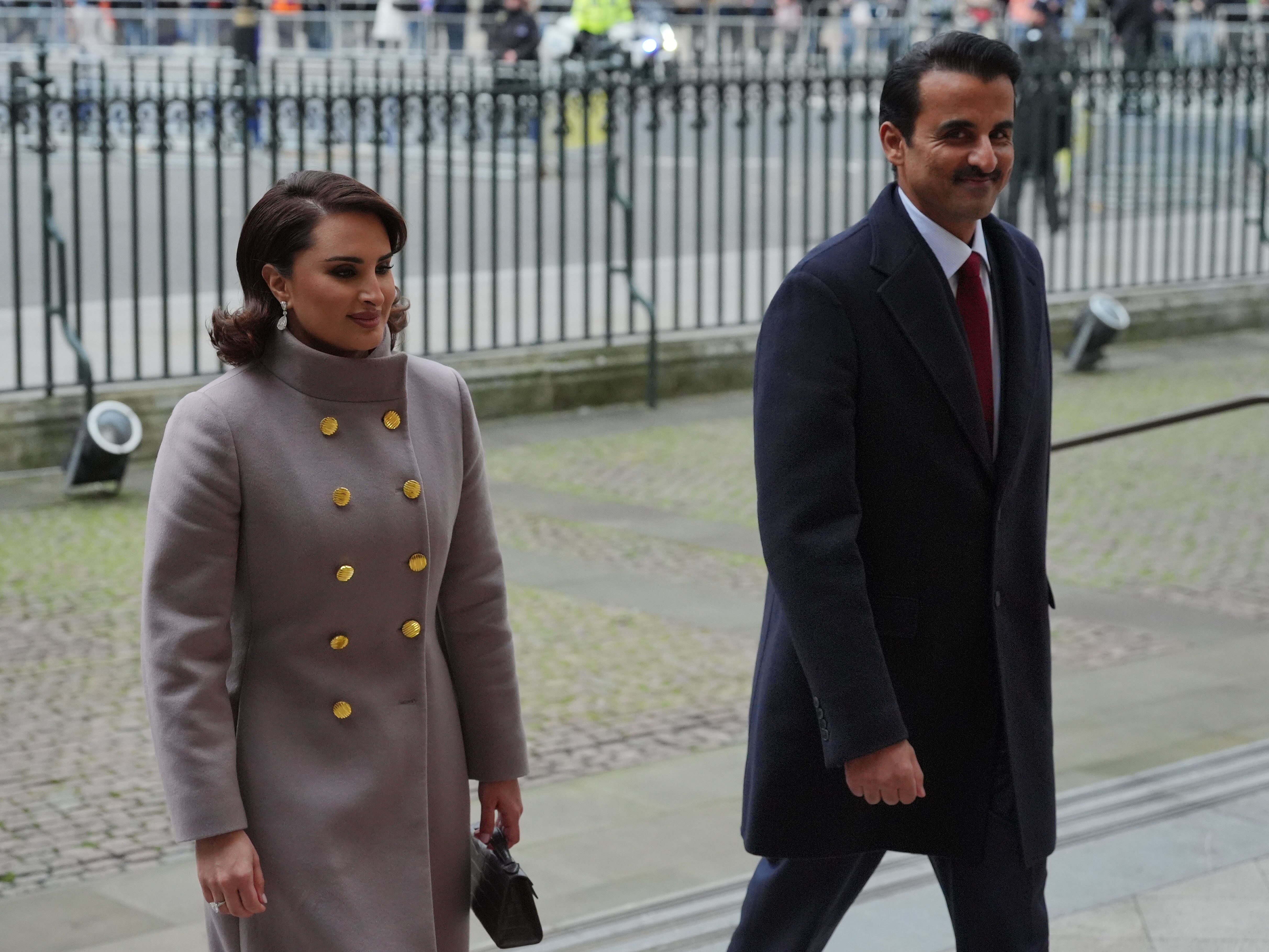 The Emir of Qatar Sheikh Tamim bin Hamad Al Thani and his wife Sheikha Jawaher arrive for a tour of Westminster Abbey in London during their state visit to the UK