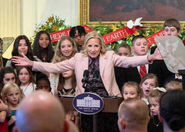 <p>First Lady Jill Biden speaks to National Guard families from across the country, who are the first members of the public to view the 2024 White House Christmas decorations Monday. Republicans are already bashing her holiday decorations on social media </p>