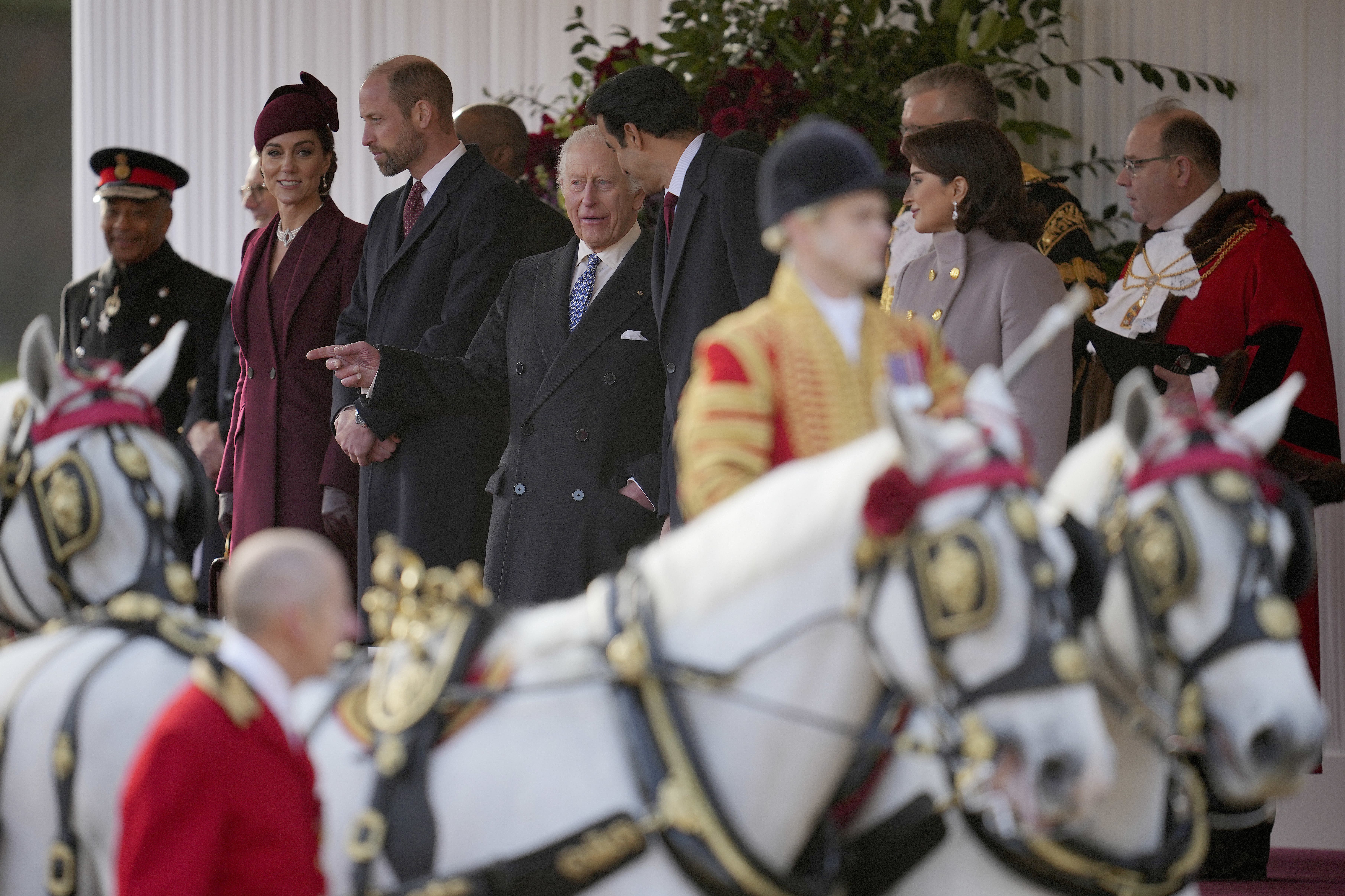 (left-right) the Princess of Wales, the Prince of Wales, the King, the Emir of Qatar Sheikh Tamim bin Hamad Al Thani and his wife Sheikha Jawaher, during a ceremonial welcome at Horse Guards Parade (Kin Cheung/PA)