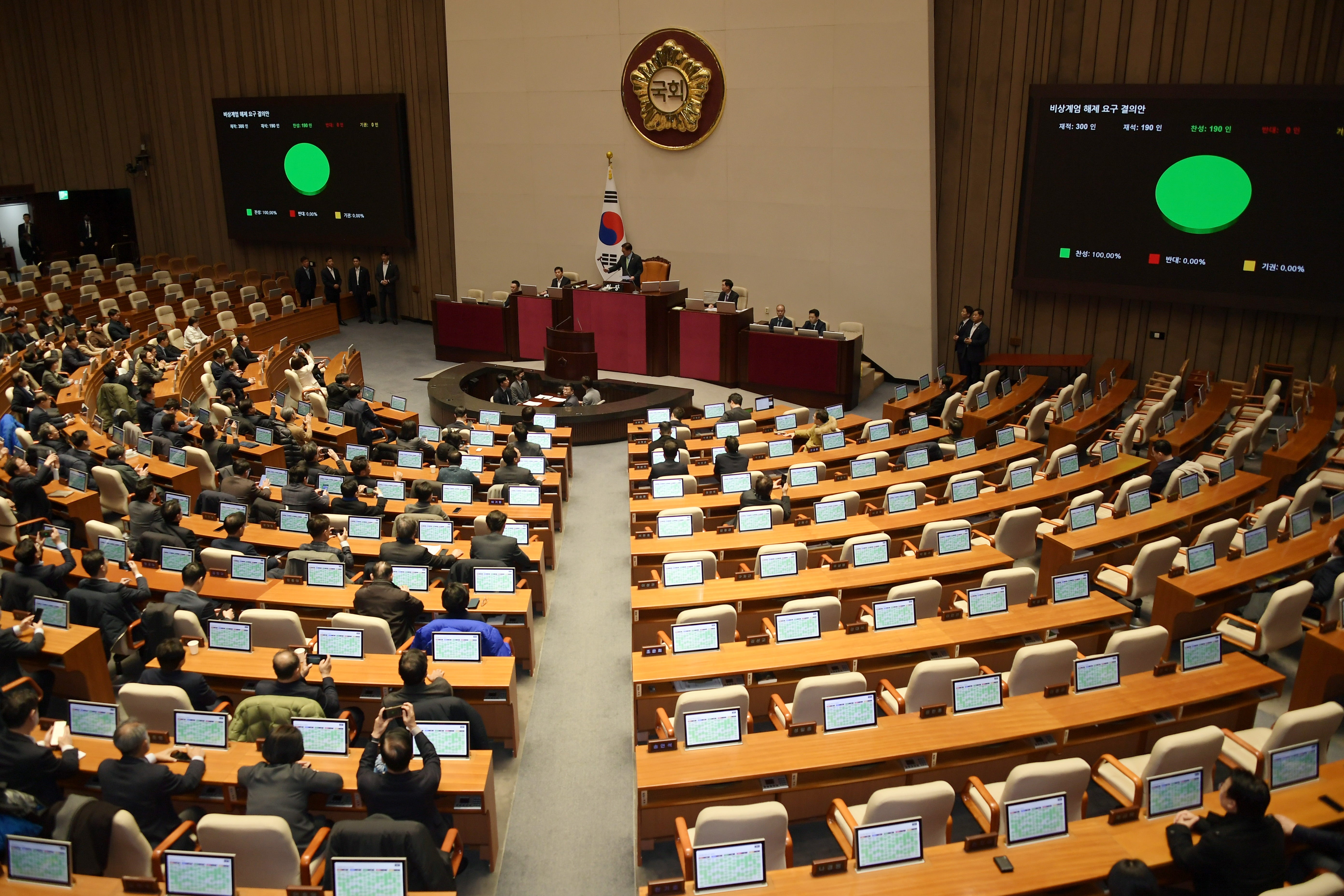 Ruling and opposition lawmakers unanimously vote in favor of a resolution urging the president to withdraw martial law during an emergency plenary session of National Assembly in Seoul, South Korea