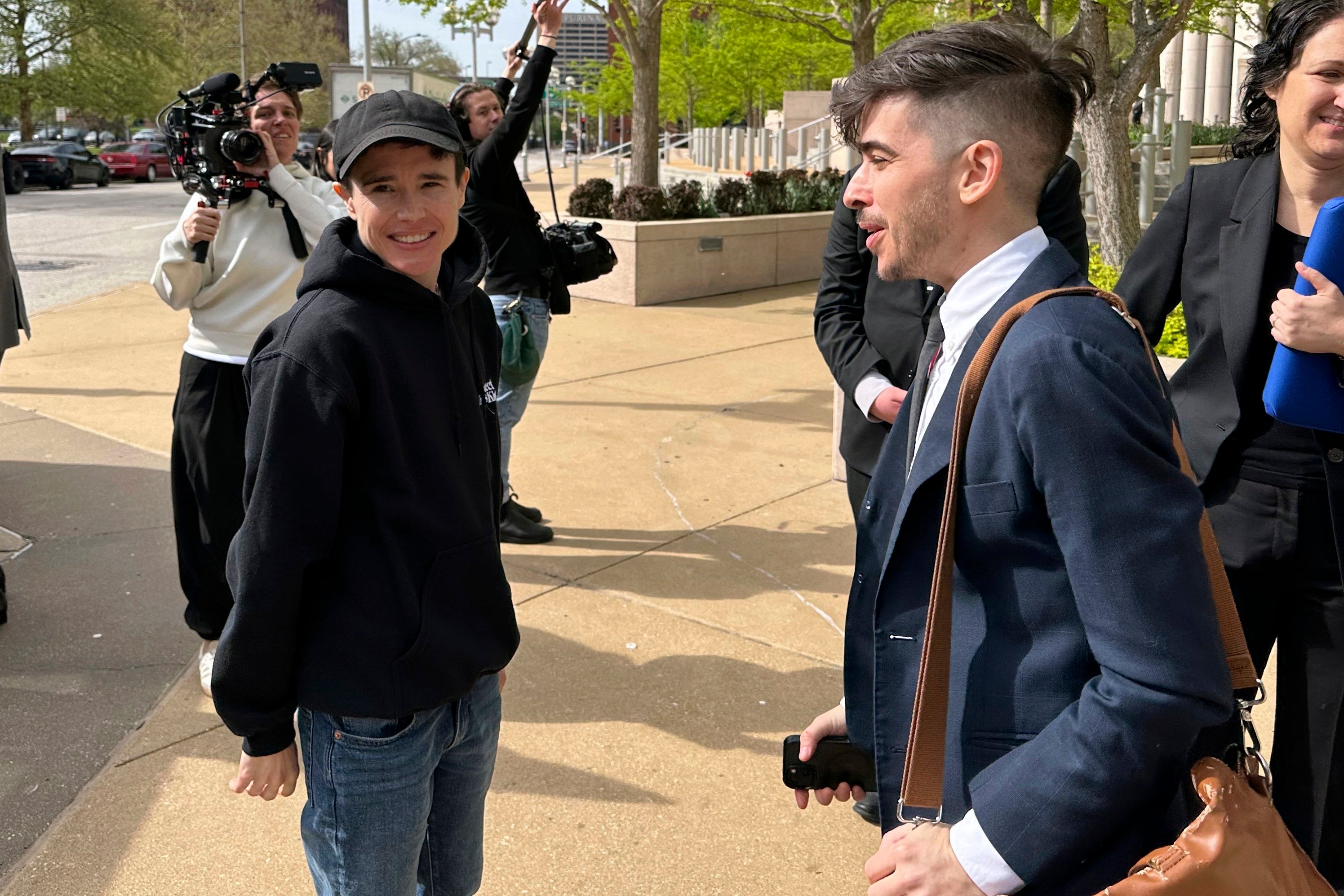 Trans actor Elliot Page, left, joined dozens of people writing to the Supreme Court to urge the justices to protect access to gender-affirmng care for trans youth. ACLU attorney Chase Strangio, right, is leading the legal battle in front of the high court