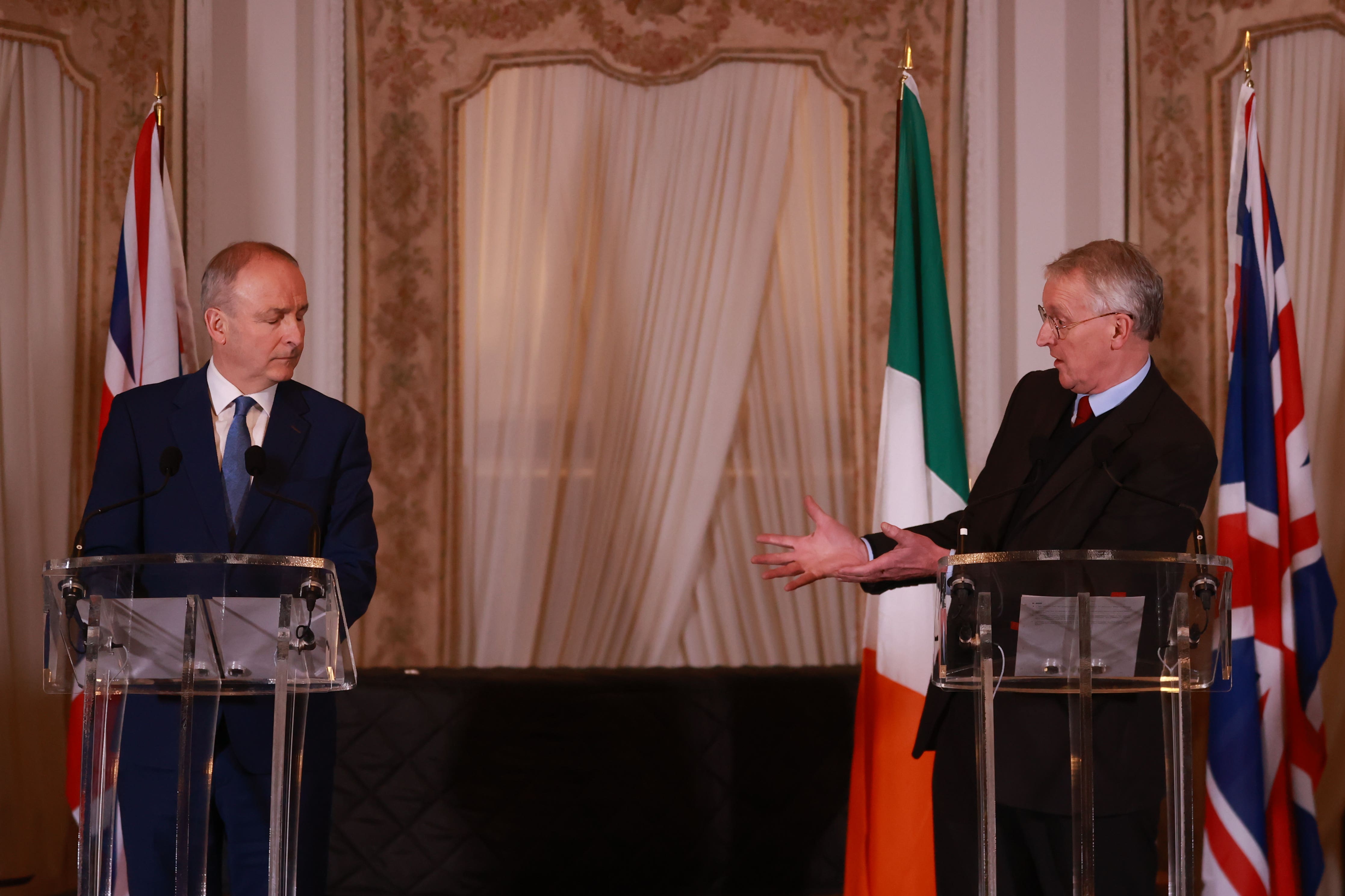 Micheal Martin (left) and Hilary Benn speaking during the British-Irish intergovernmental conference (Liam McBurney/PA)