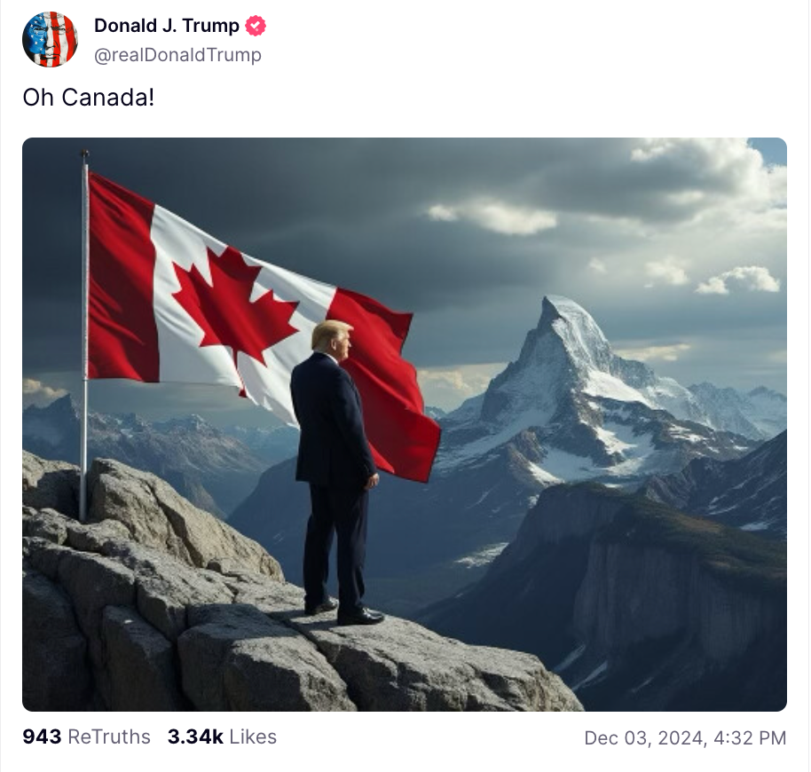 Donald Trump posted a bizarre image of himself with a Canadian flag in what appeared to be a Swiss mountain range, in apparent reference to a joke made to Canadian Prime Minister Justin Trudeau last week