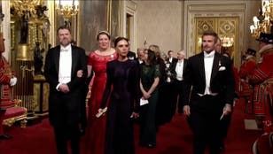 David and Victoria Beckham arrive at state banquet hosted by King