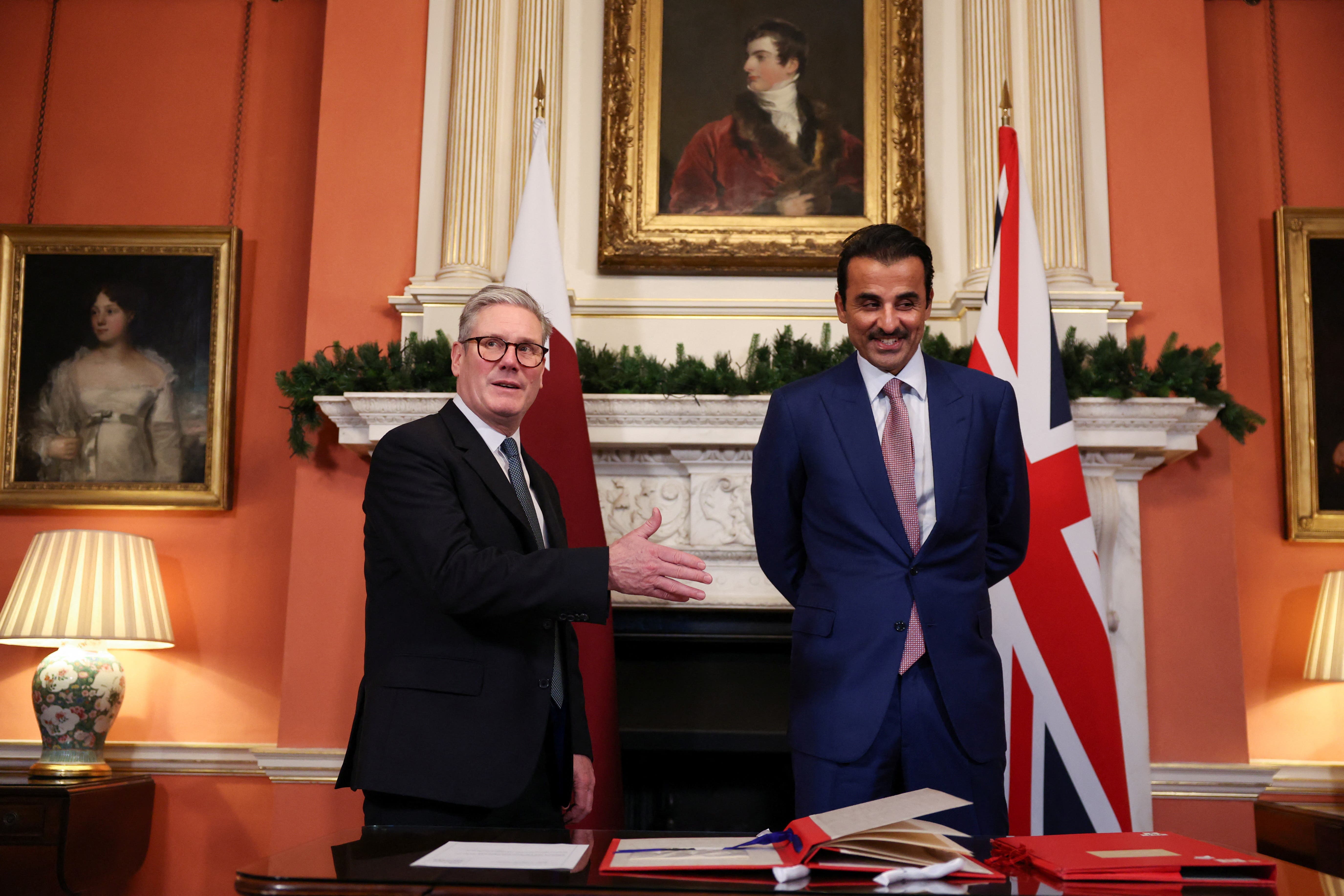 Sir Keir Starmer welcomed the Emir of Qatar to Downing Street on the last day of his state visit to the UK (Hannah McKay/PA)