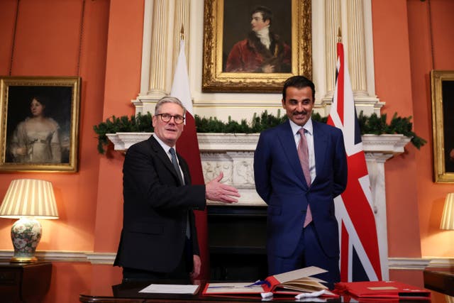 Sir Keir Starmer welcomed the Emir of Qatar to Downing Street on the last day of his state visit to the UK (Hannah McKay/PA)